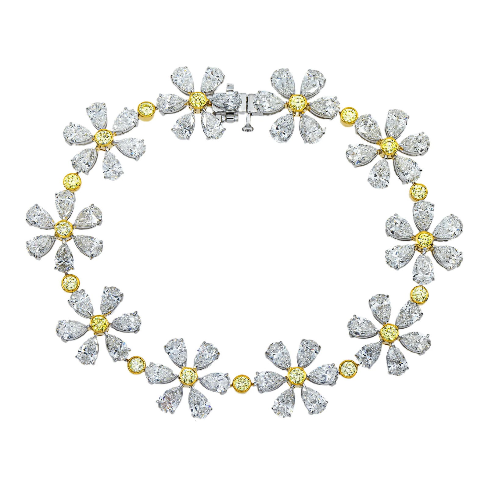 14kt 2-Tone Gold 16.52tcw Flower Shaped Fancy Yellow Pear Diamond Bracelet: Gold Type: 14 kt White & Yellow Gold Gold weight (gram): 17 Total Carat Weight of Lab Grown Diamonds (Approximate): 16.52 Total # of Lab Grown Diamonds: 60 Shape of Lab Grown Diamonds: Pear