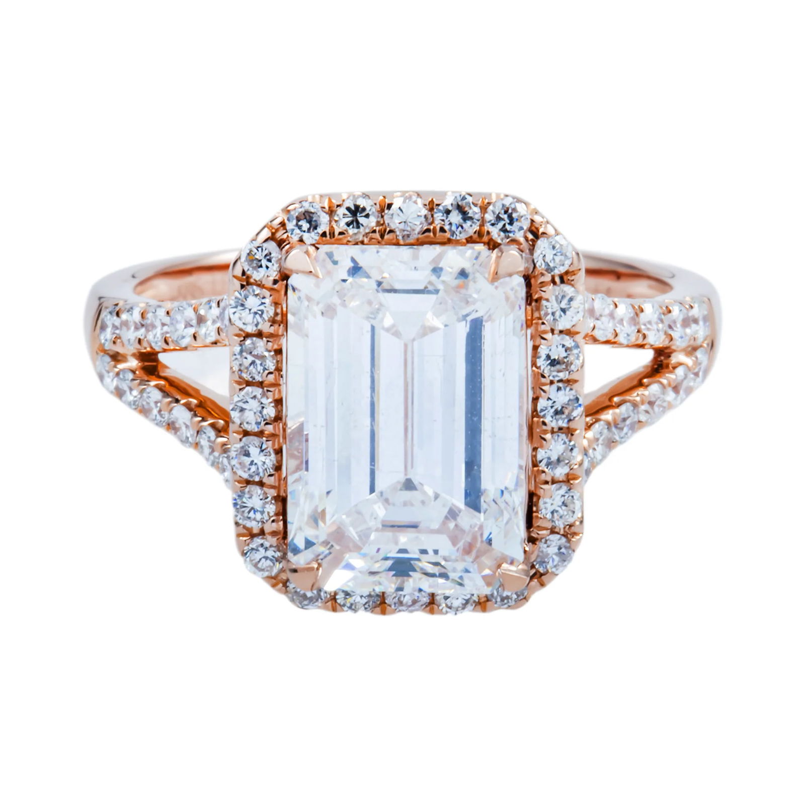 14 kt Rose Gold 4.1tcw Emerald Cut Diamond Engagement Ring: Gold Type: 14 kt Rose Gold Gold weight (gram): 6.5 Total Carat Weight of Lab Grown Diamonds (Approximate): 4.1 Total # of Lab Grown Diamonds: 47 Shape of Lab Grown Diamonds: Emerald/ Round L