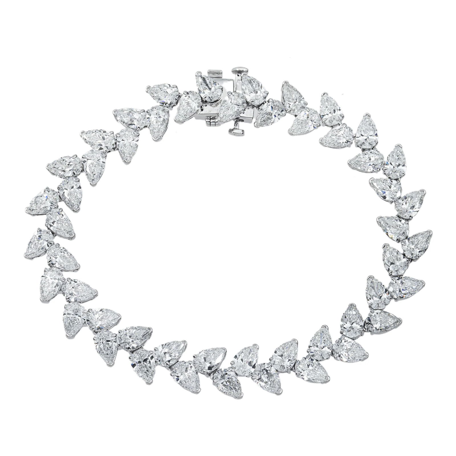 14kt White Gold 17.38tcw Pear cut Diamond Fancy Bracelet: Gold Type: 14 kt White Gold Gold weight (gram): 17 Total Carat Weight of Lab Grown Diamonds (Approximate): 17.38 Total # of Lab Grown Diamonds: 48 Shape of Lab Grown Diamonds: Pear Lab Grown