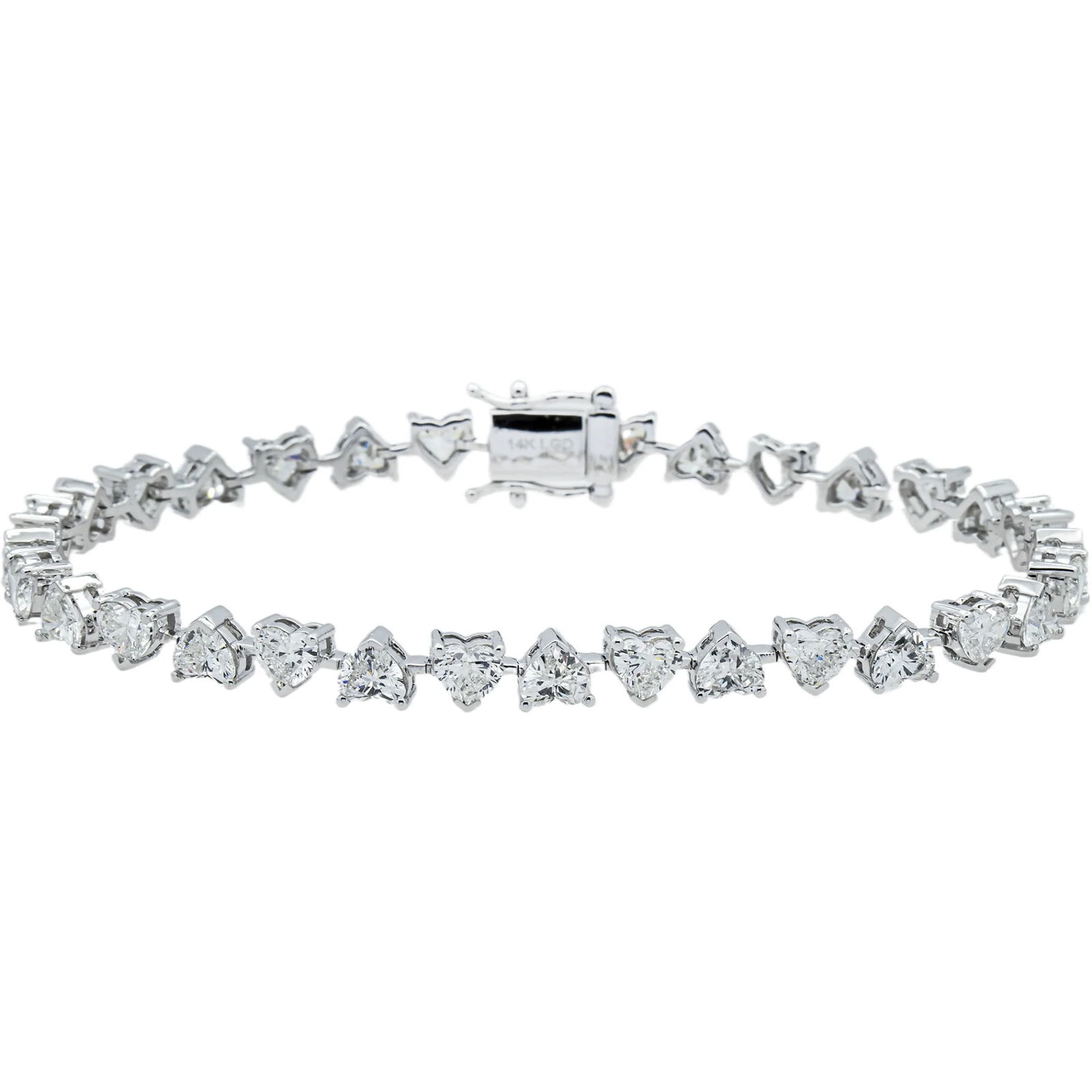 14kt White Gold 8.32tcw Heart Diamond Tennis Bracelet: Gold Type: 14 kt White Gold Gold weight (gram): 13 Total Carat Weight of Lab Grown Diamonds (Approximate): 8.32 Total # of Lab Grown Diamonds: 32 Shape of Lab Grown Diamonds: Heart Lab Grown