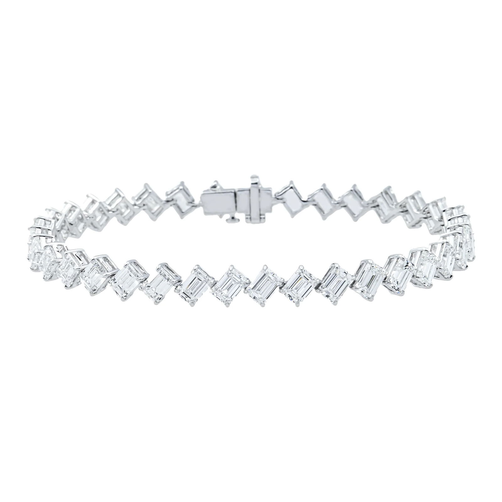 14kt White Gold 14.39tcw Emerald Cut Diamond Tennis Bracelet: Gold Type: 14 kt White Gold Gold weight (gram): 15 Total Carat Weight of Lab Grown Diamonds (Approximate): 14.39 Total # of Lab Grown Diamonds: 36 Shape of Lab Grown Diamonds: Emerald Lab Gr