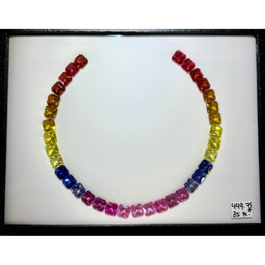 Set of 35 Lab Grown Multi-color Sapphire Layout: Gemstone Type: Multi-color Sapphire (Lab Grown) Cut Shape: Octagon Radiant Measurement (Appro.): 12x12mm Total no. of Lab Gemstones: 35 Total Carat Weight (Appro): 449.75 This labgrown gemst