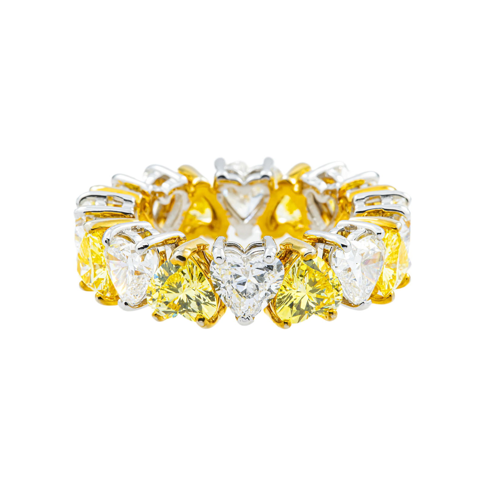 14kt 2-Tone Gold 8.2tcw Fancy Yellow And White Heart cut Diamond Eternity Band: Gold Type: 14kt Yellow & White Gold Gold weight (gram): 7.75 Total Carat Weight of Lab Grown Diamonds (Approximate): 8.2 Total # of Lab Grown Diamonds: 8 Shape of Lab Grown Diamonds: Heart L