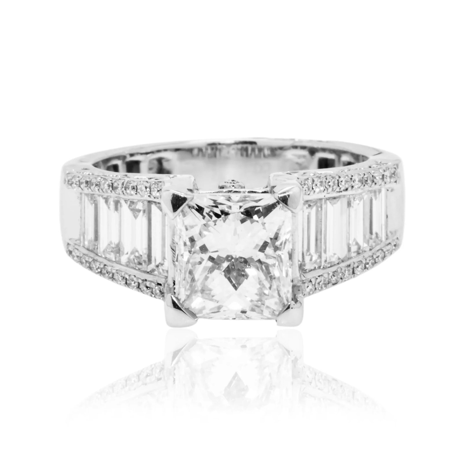 18 kt White Gold 3.25tcw Princess Cut Diamond Ring: Gold Type: 18 kt White Gold Gold weight (gram): 8.5 Total Carat Weight of Lab Grown Diamonds (Approximate): 3.25 Total # of Lab Grown Diamonds: 61 Shape of Lab Grown Diamonds: Princess/ Emeral