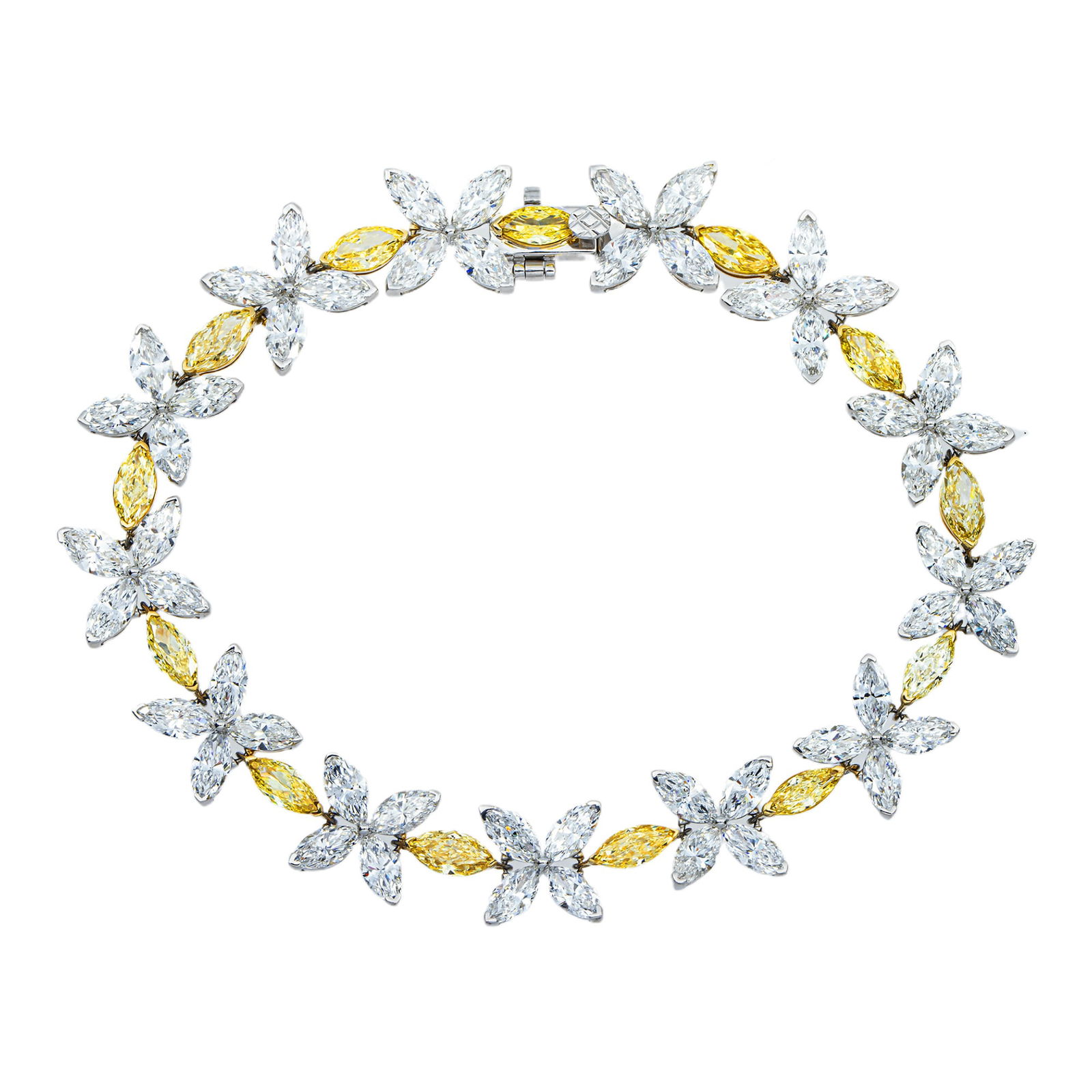 14kt 2-Tone Gold 18.75tcw Fancy Color Marquise Diamond Fancy Bracelet: Gold Type: 14 kt White & Yellow Gold Gold weight (gram): 16 Total Carat Weight of Lab Grown Diamonds (Approximate): 18.75 Total # of Lab Grown Diamonds: 52 Shape of Lab Grown Diamonds: Marquis