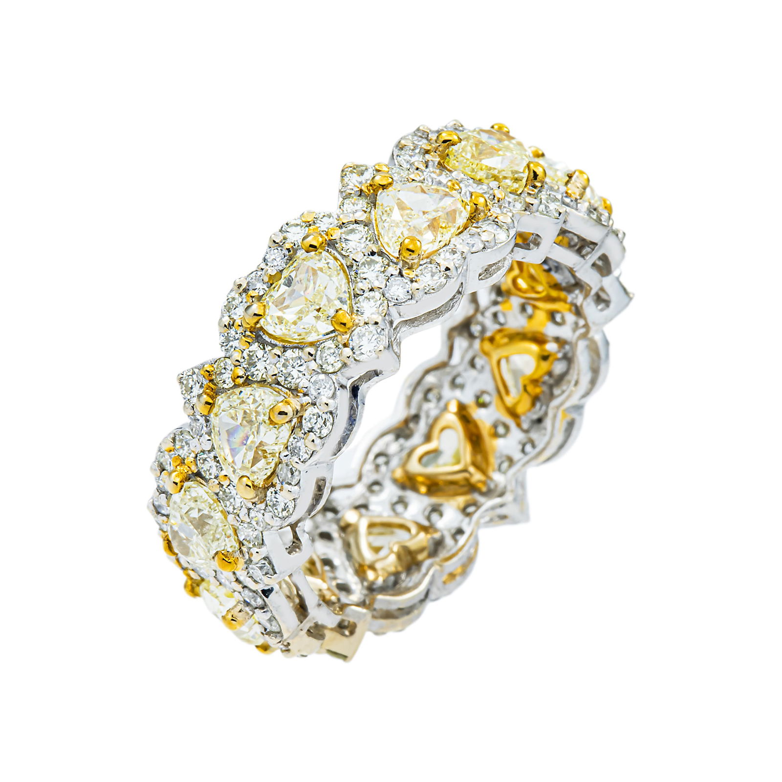14kt 2-Tone Gold 7.2tcw Fancy Yellow Diamonds Halo Eternity Band: Gold Type: 14kt Yellow & White Gold Gold weight (gram): 10 Total Carat Weight of Lab Grown Diamonds (Approximate): 7.2 Total # of Lab Grown Diamonds: 144 Shape of Lab Grown Diamonds: Round L