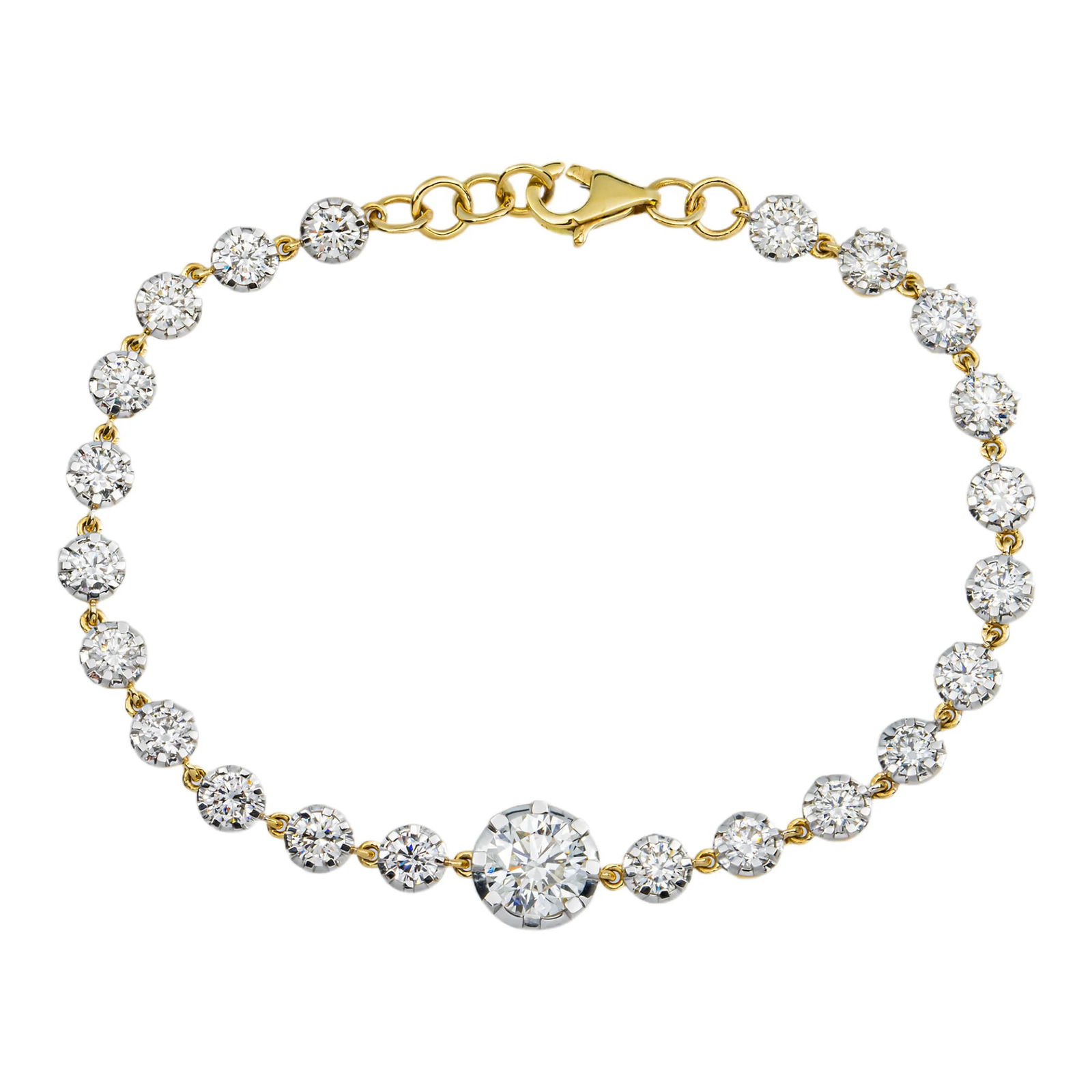 14kt Yellow Gold 5.28tcw Round Diamond Bracelet: Gold Type: 14 kt Yellow Gold Gold weight (gram): 15 Total Carat Weight of Lab Grown Diamonds (Approximate): 5.28 Total # of Lab Grown Diamonds: 23 Shape of Lab Grown Diamonds: Round Lab Grow