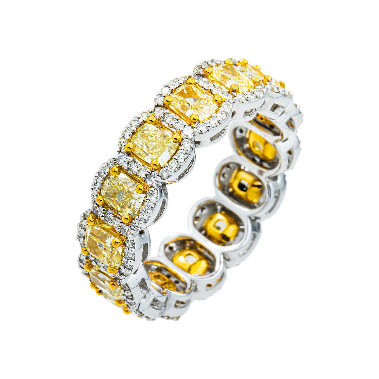 14 kt 2-Tone Gold 4.6tcw Two Tone Fancy Yellow Cushion Cut Diamond Eternity Band: Gold Type: 14 kt Yellow & White Gold Gold weight (gram): 8 Total Carat Weight of Lab Grown Diamonds (Approximate): 4.6 Total # of Lab Grown Diamonds: 168 Shape of Lab Grown Diamonds: Round L