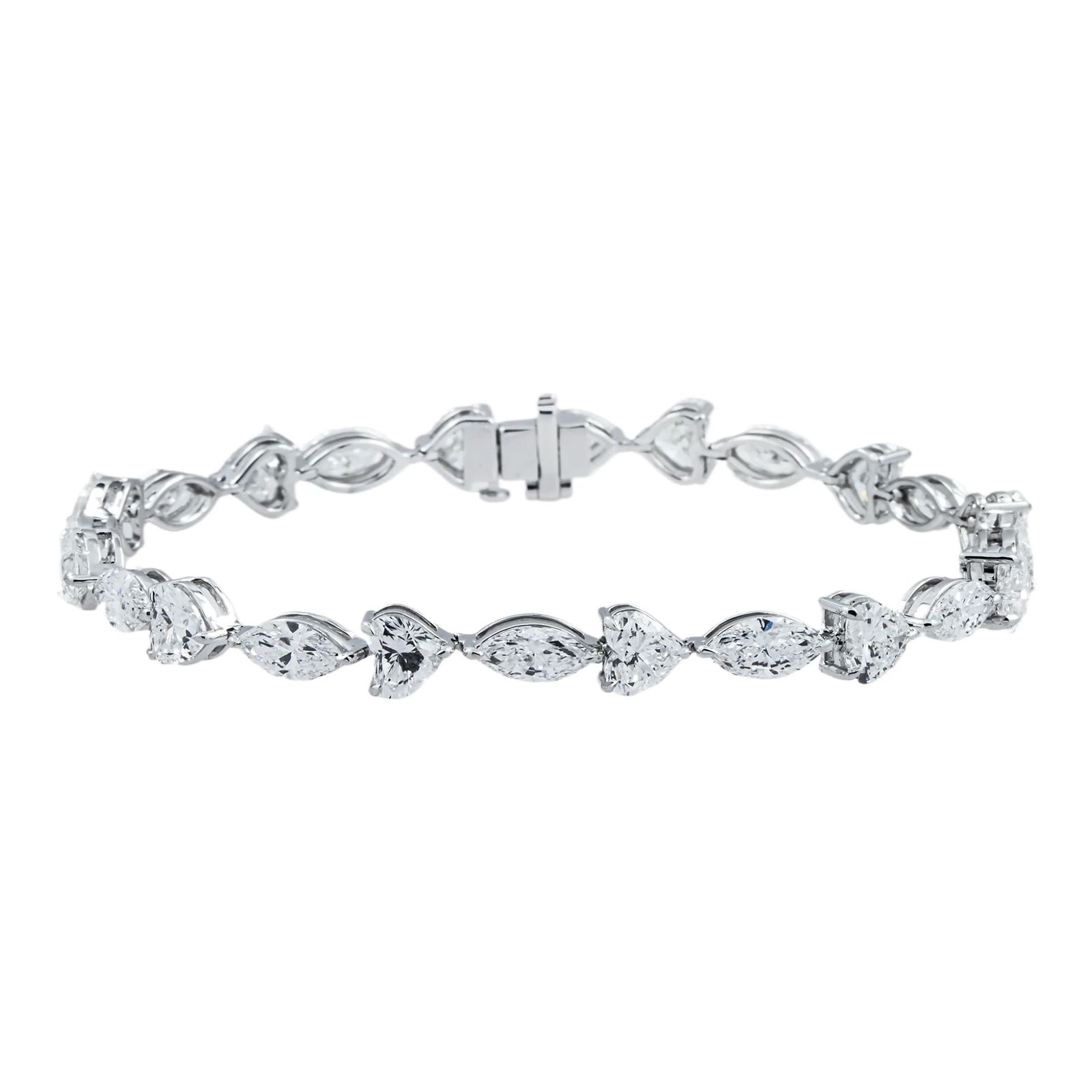 14kt White Gold 11.78tcw Pear And Heart Diamond Tennis Bracelet: Gold Type: 14 kt White Gold Gold weight (gram): 15 Total Carat Weight of Lab Grown Diamonds (Approximate): 11.78 Total # of Lab Grown Diamonds: 24 Shape of Lab Grown Diamonds: Marquise/ Heart