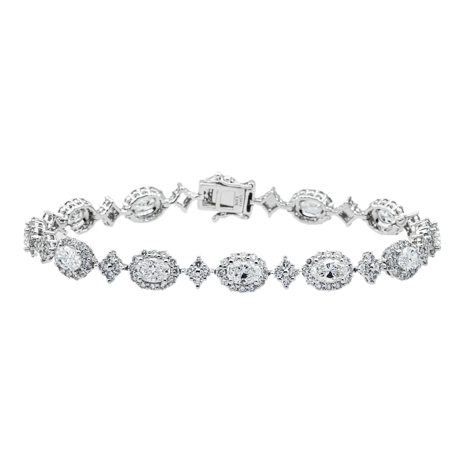 14kt White Gold 7.12tcw Oval And Round Diamond Fancy Bracelet: Gold Type: 14 kt White Gold Gold weight (gram): 15 Total Carat Weight of Lab Grown Diamonds (Approximate): 7.12 Total # of Lab Grown Diamonds: 204 Shape of Lab Grown Diamonds: Oval/ Round La