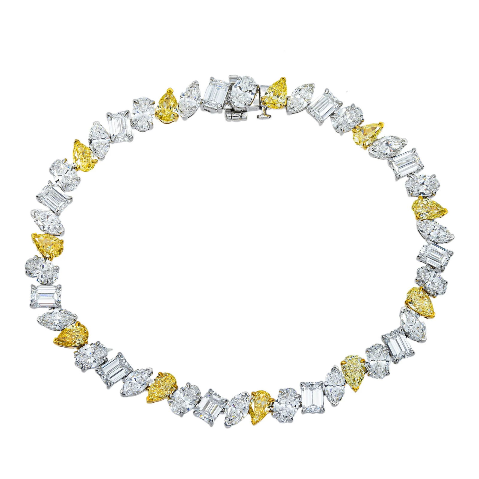 14kt White Gold 11.92tcw Fancy Yellow Mixed Cut Diamond Bracelet: Gold Type: 14 kt White Gold Gold weight (gram): 15 Total Carat Weight of Lab Grown Diamonds (Approximate): 11.92 Total # of Lab Grown Diamonds: 33 Shape of Lab Grown Diamonds: Oval/ Emerald/ M