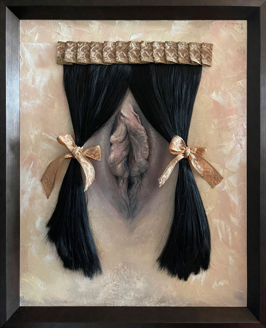 Open the curtain of your complexes By Ellaya Yefymova created in 2020 Oil on canvas mixed media,: Plastic surgeries, refusal of certain sexual positions, skipping gynaecologist check-ups are frequent consequences of complexes associated with rejection of women's own external genital organs. This r