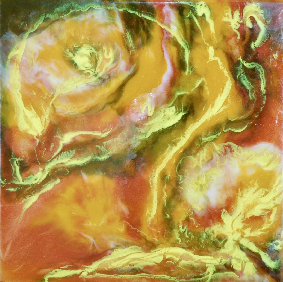 Red Creation by Magda Holden - resin art 2021: Wood Panel with art resin mixed with dry pigments, ink, and acrylic paint. The painting is semi abstract with strong connotation to the ideas of creation that come from my Christian faith and love for