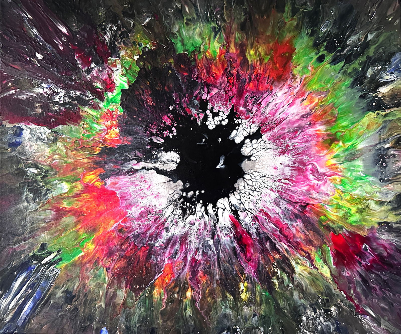 All Seeing By Rebecca Galeney Created in 2023 Acrylic on canvas Artwork Signed: SHIPS FROM Sheffield Central focal point is a dark black core, from which an explosion of colours radiates outwardsVibrant palette includes reds, green, orange with an almost hidden silver grey, mergi