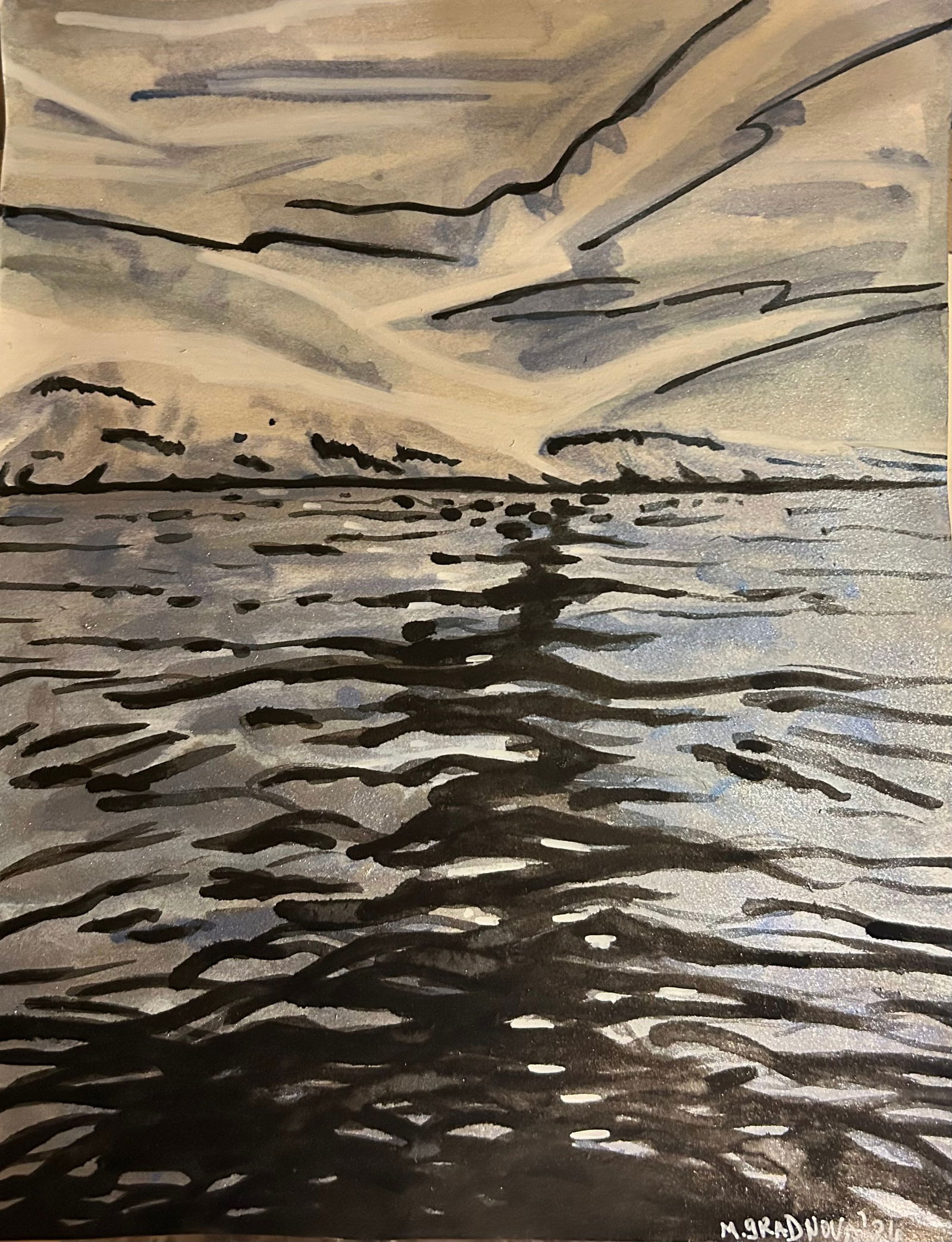 Iceland. All water by Maryna Gradnova created in 2024 Paper, ink, watercolour, white marker Artwork: Icelandic sky, mountains, ocean in graphics. ARTIST BIO Maryna Gradnova is a costume designer based in London, specialising in film, theatre, and operaproductions. She graduated from the Kyiv National