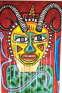 Ikenga Mask By Chinwe Russell Acrylic on Canvas Signed.: Description: SHIPS FROM THE UK (ROLLED) Immerse yourself in the captivating essence of Igbo culture with this extraordinary artwork, a fusion of tradition and modernity that demands attention and reve
