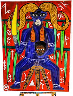 IKENGA - An Igbo Man's Personal God - Acrylic on Canvas, 93x123cm - 2022 - Louvre exhibition: Description: Immerse yourself in the captivating world of Igbo culture with this extraordinary Ikenga painting, a profound artistic expression of an Igbo man's personal deity. Crafted during a time wh