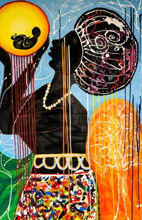 IKENGA - An Igbo Man's Personal God - Acrylic on Canvas, 93x123cm Signed- Louvre exhibition 2022: Description: This painting represents the role that Africa places in the world, mama Africa, the source code of all humans, the original, the full set of DNA. In this painting, Mama Africa presents he