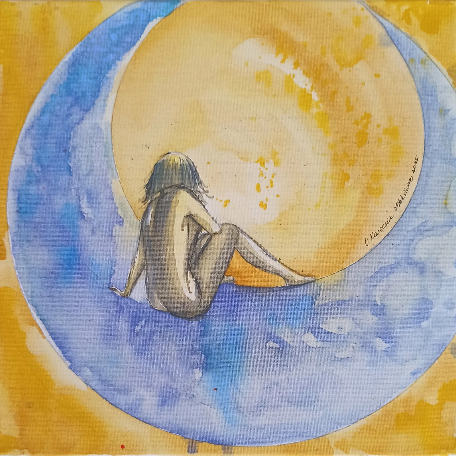 Woman of the Elements Air BY Olena Koliesnik watercolor on canvas 2025 SHIPS FROM Orihuela, Spain: I depicted air as a space of freedom and lightness. Lines and colors seem to transport me to a state of flight and full-throated breathing. When I created the work, I felt freedom.Series Woman of the