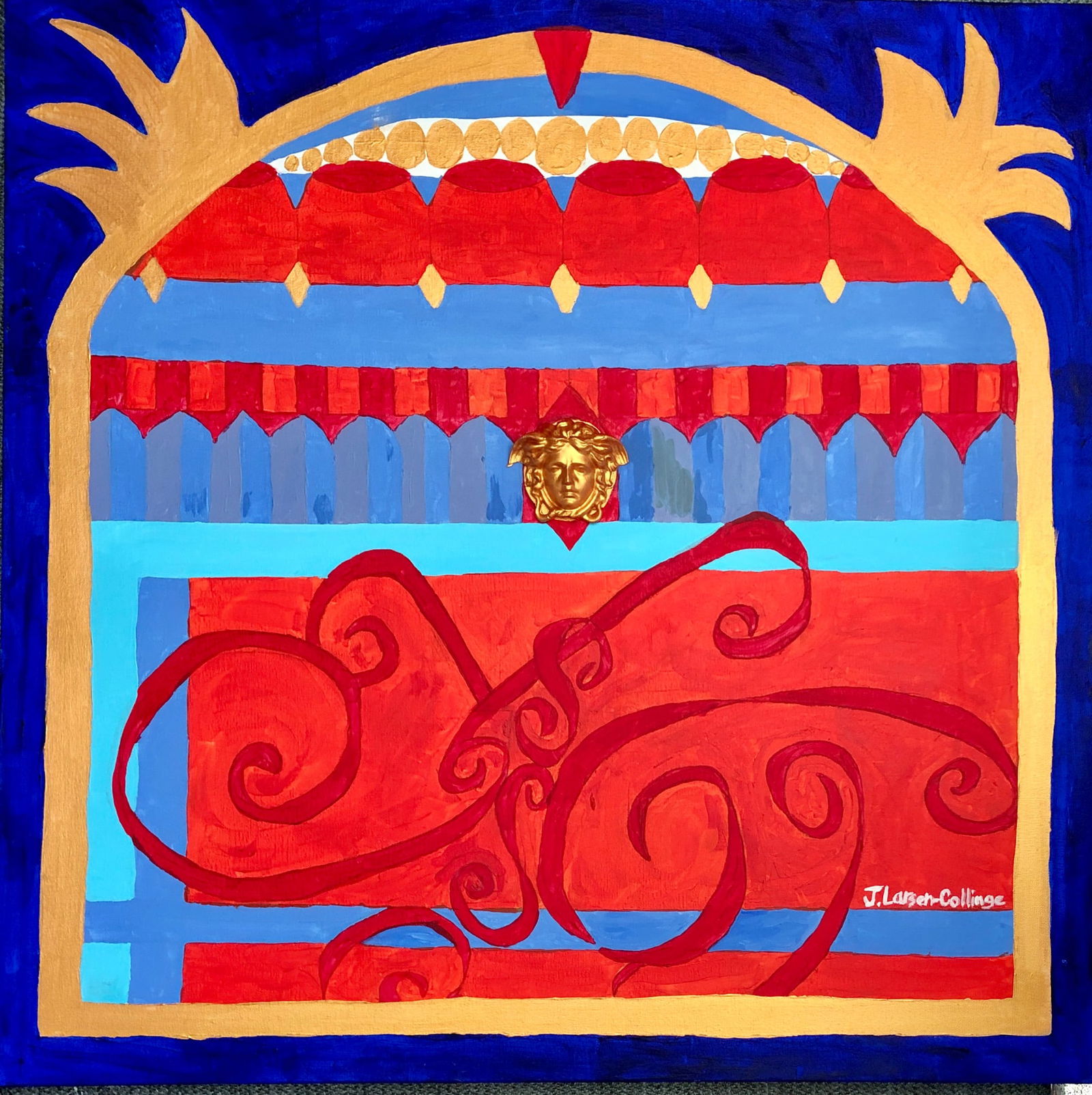 Arco Sagrado II By J Larsen-Collinge Acrylic / mixed media 2022: SHIPS FROM Gibraltar From my Sacred Arches series. Inspired by the myriad of art and architecture of Barcelona, Spain.The carved golden Medusa will make you fall in love with this image….