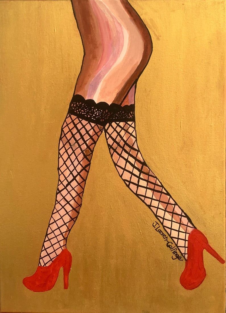 Scarlet Stalking By J Larsen-Collinge Acrylic on Canvas 2023: SHIPS FROM Gibraltar From my Full-Bodied series. A beautiful, sexy, geometric abstract of fishnet, stockinged legs.