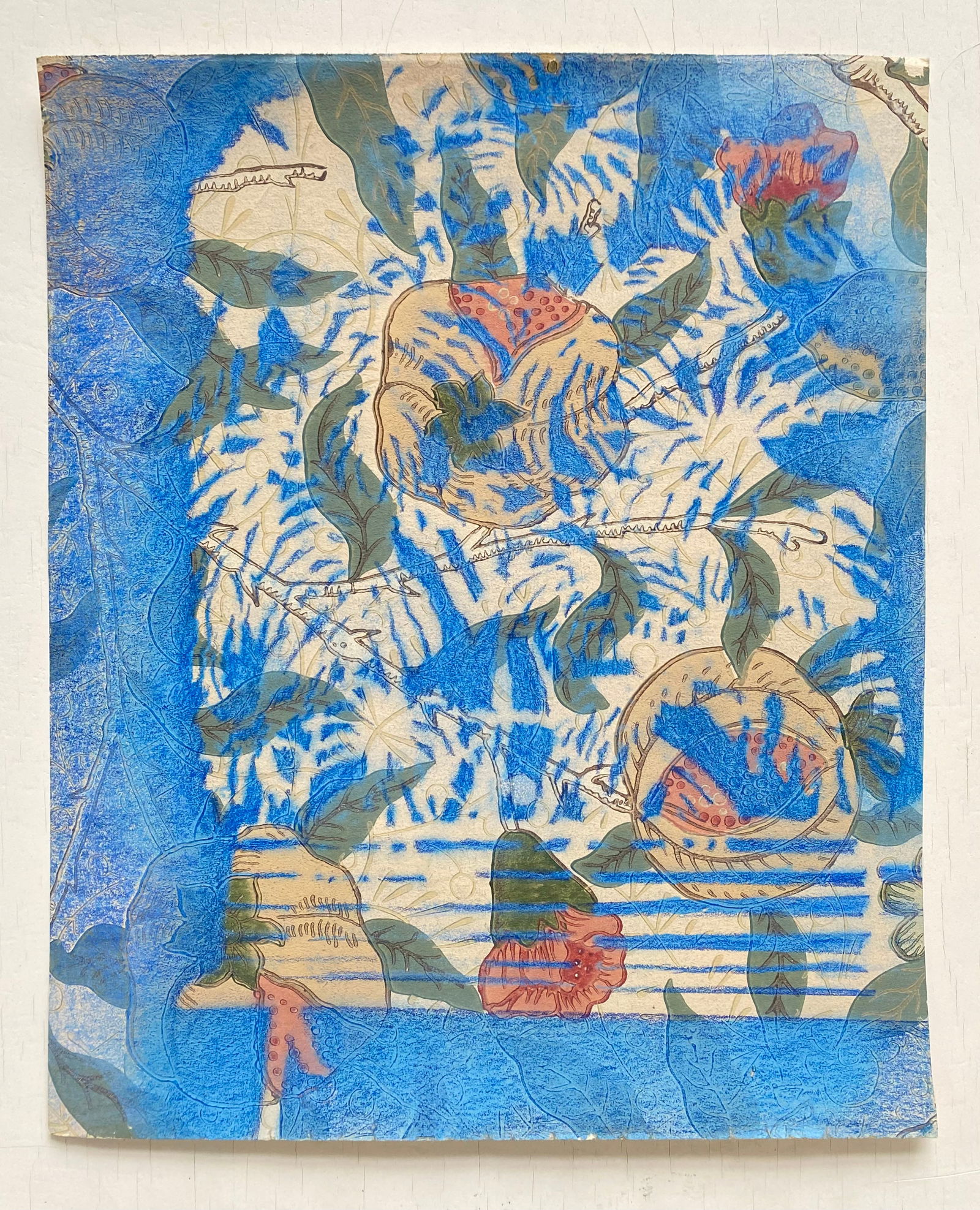 22-William Morris, Light Blue Monstera and Bench By Renata Fernandez Spray paint, acrylic, coloured: SHIPS FROM London, UK This work belong a a series that uses William Morris floral wallpaper as support while depicting tropical, monster-like plants.