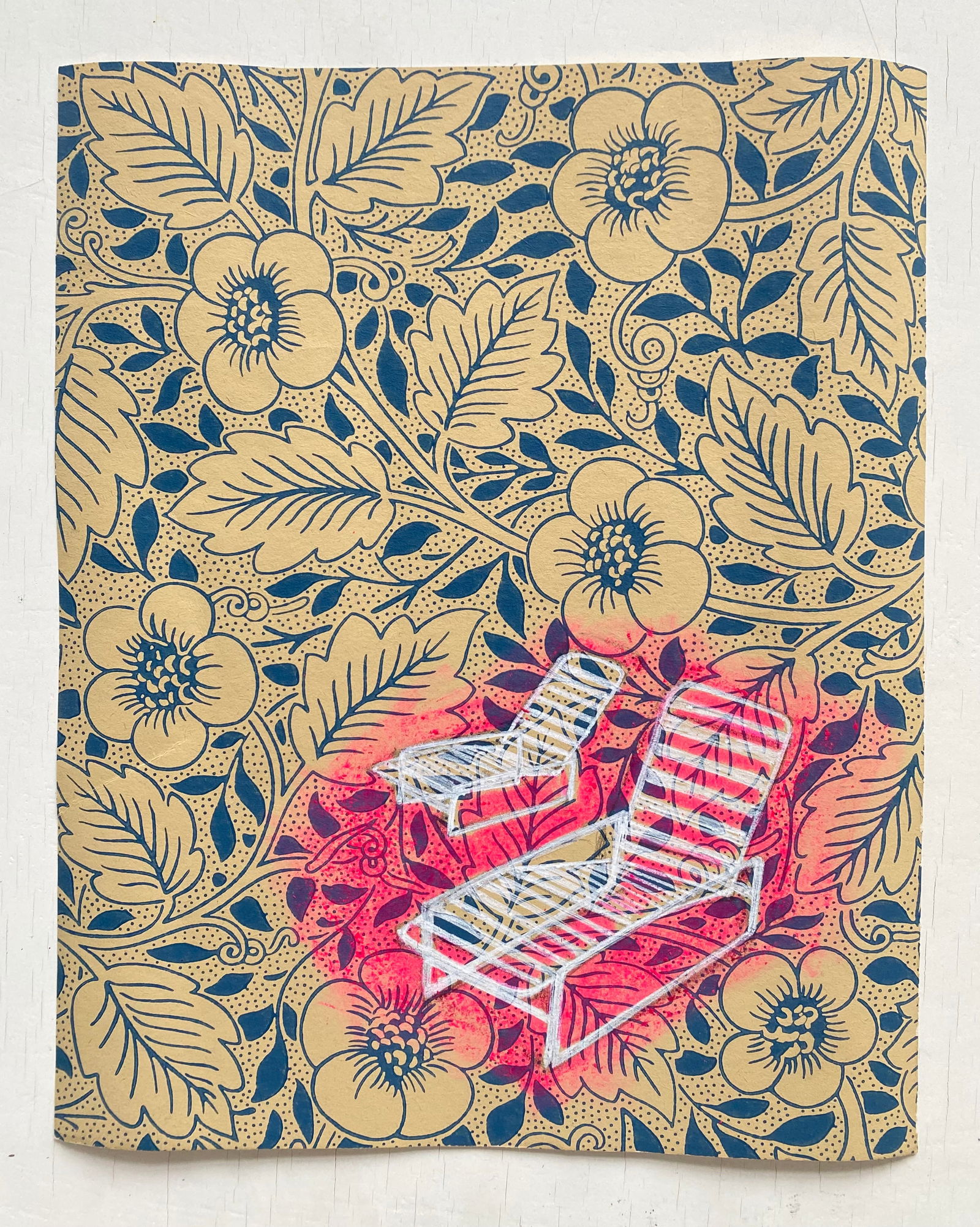 22-William Morris, two chairs By Renata Fernandez Spray paint, acrylic, coloured pencil 2022: SHIPS FROM London, UK this work belongs to a series that uses William Morris floral wallpaper as support, to depict tropical monster-like plants or ourdoor furniture, such as poolside deckchairs, as s