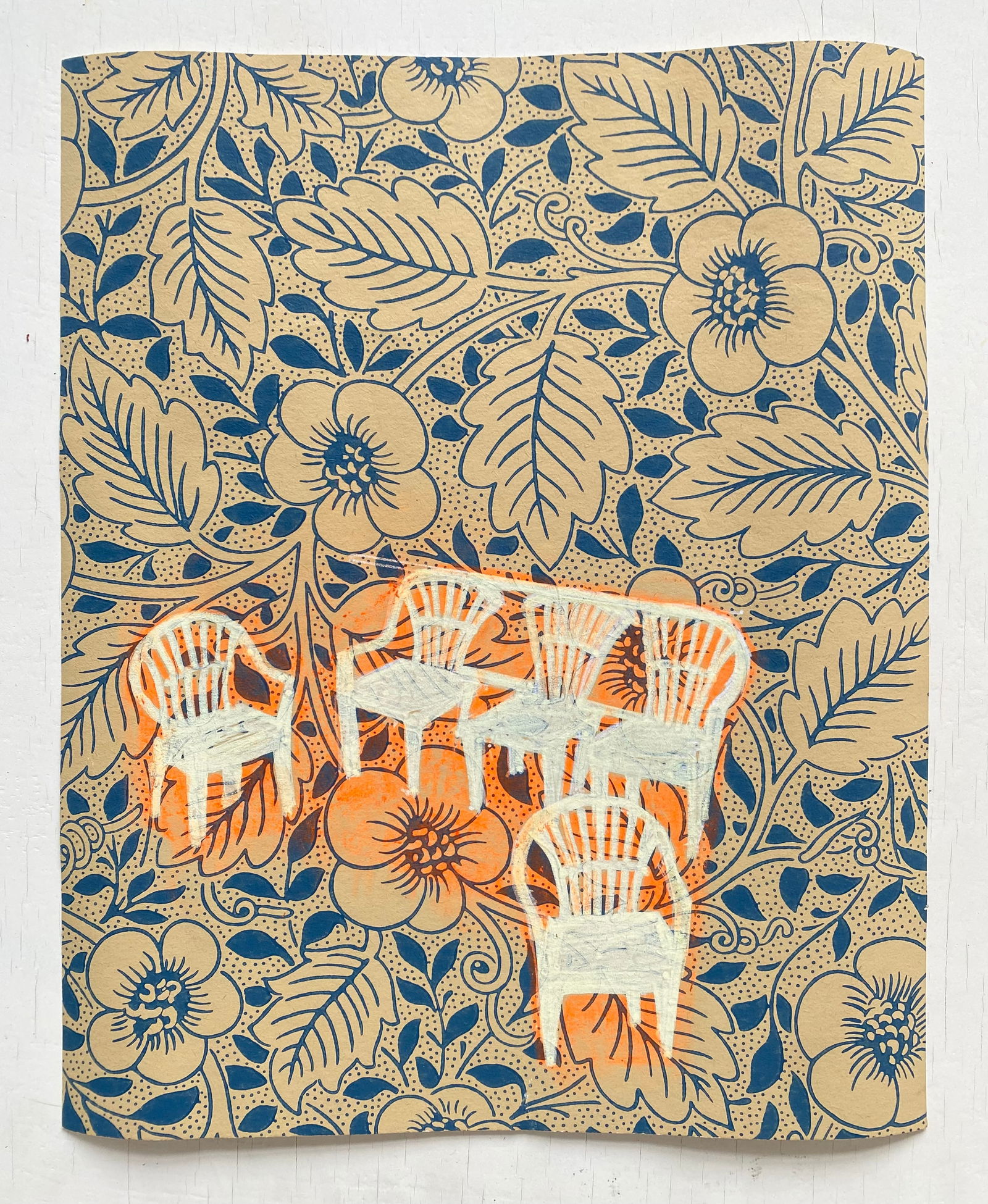 22-William Morris, Group Chairs Family By Renata Fernandez Spray paint, acrylic, coloured pencil: SHIPS FROM London, UK This work belongs to a series that uses William Morris floral wallpaper as support, depicting monster-like tropical plants and outdoor furniture, as signifiers