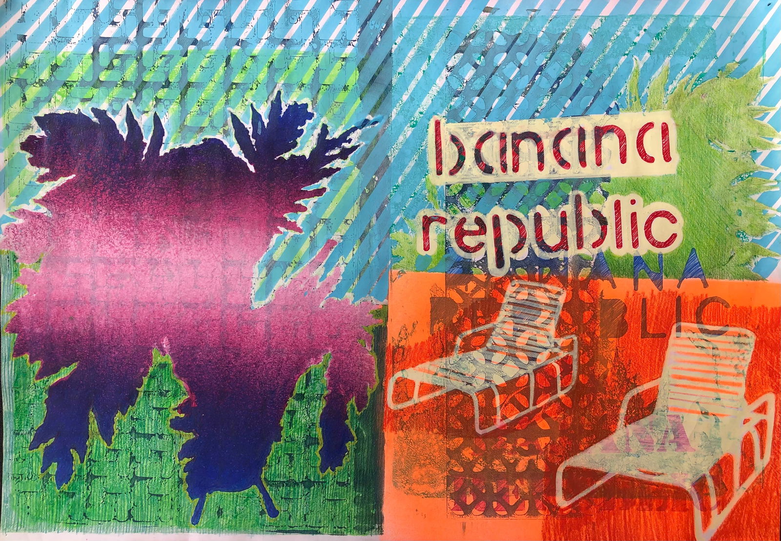 22-EM Banana Republic 9 By Renata Fernandez Gel plate mono print, spray paint, acrylic, coloured: SHIPS FROM London, UK This is an intervened gel plate mono print, depicting a tropical plant silhouette, and outdoor furniture.