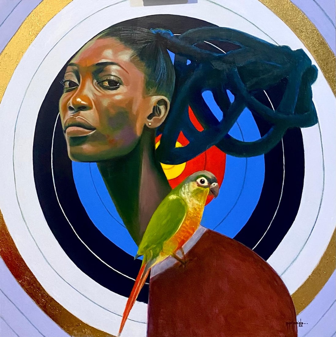 The Target and the Parrot. By Olamide Adesola Oil and Acrylic on Canvass 2025: SHIPS FROM England (Stockton-on-Tees) The Target and the Parrot is a piece created to tell the femicide story. The painting symbolizes the vulnerability of women in a world that often targets them. Wo