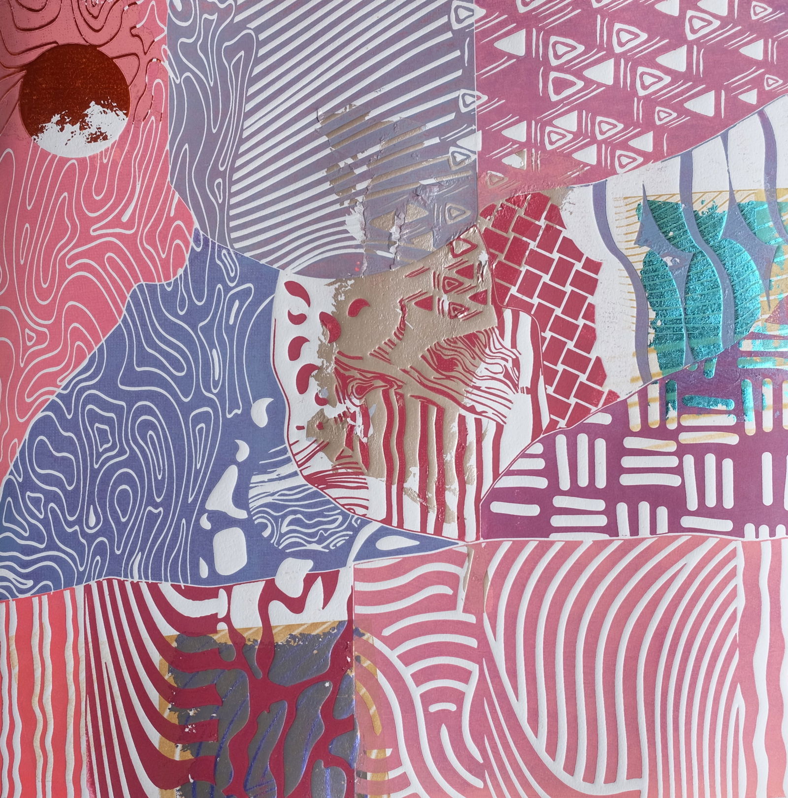 The Strength of the Volcano By Ivonne Portillo Sierra Woodcut and collage on paper 2020 (1 of 4)