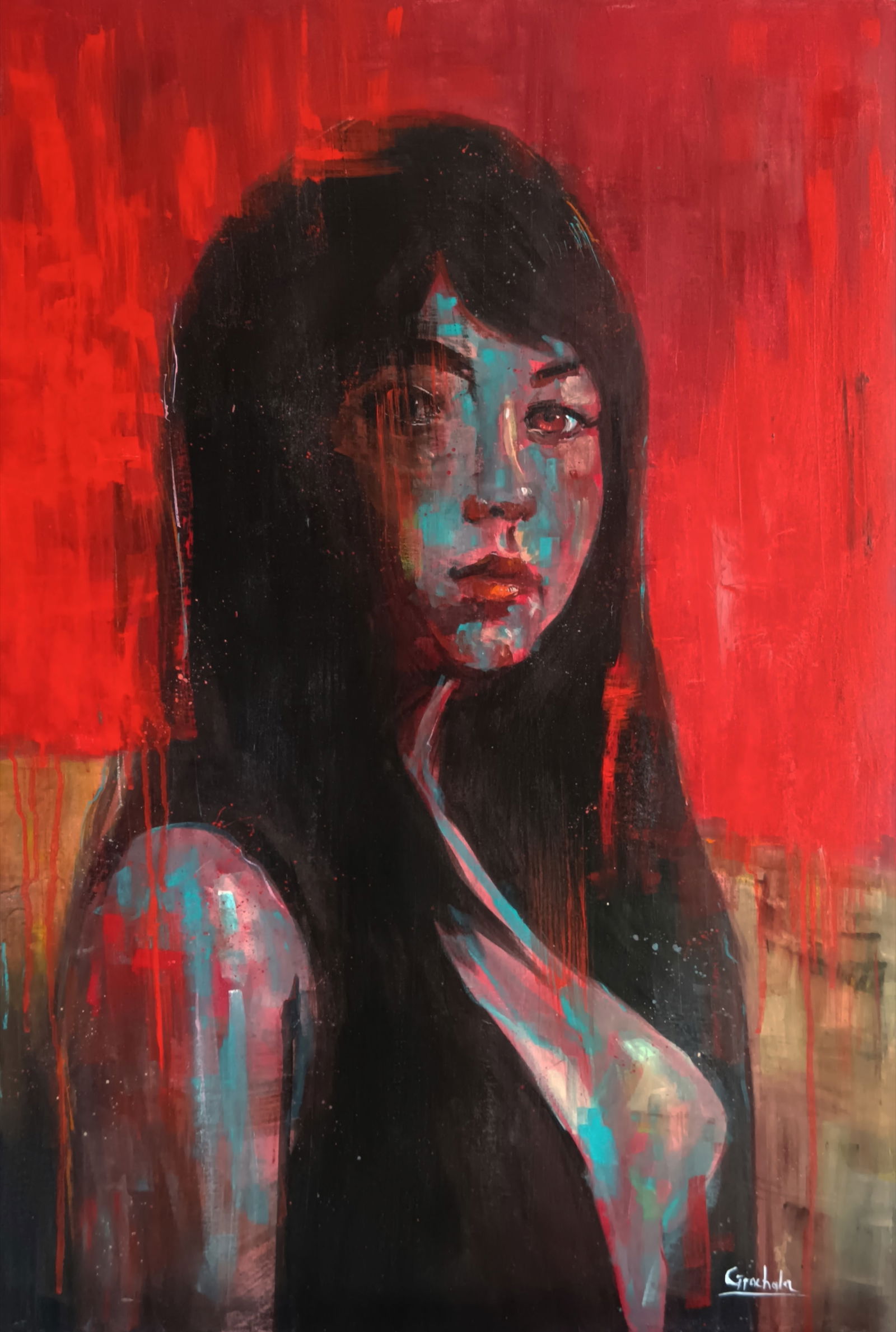 Tactile depth By Marcin Grochola Acrylic on canvas 2024 Signed: SHIPS FROM London, UK Acrylic painting depicting a young woman against deep dark background. Bold brush strokes and vibrant colours enhance the depth of both the artwork and her thoughts. Marcin Groch