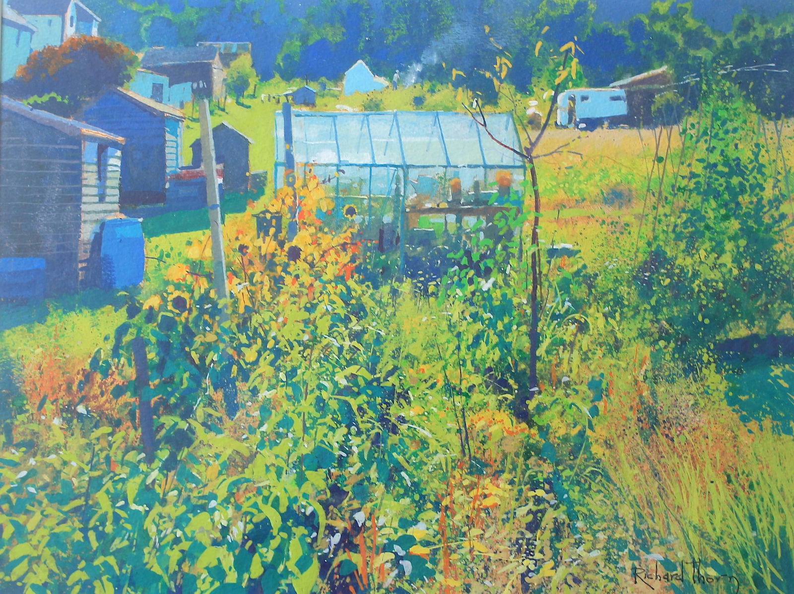 The Hothouse By Richard Thorn R.I. watercolour inks 2024 Signed: SHIPS FROM devon Summer in the allotment showing a greenhouse and summer blooms Richard Thorn SWAc R.I.Born in Torquay, England 1952, Richard’s art began with drawing. His love of the countryside an