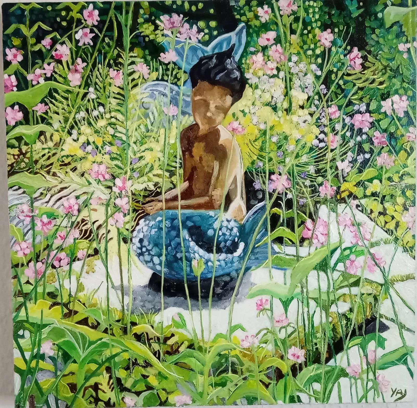 MERMAID By Jadwiga Kindermann (Yaj). Water based oils. 2016 Signed: SHIPS FROM United Kingdom The mermaid was inspired by a water feature on my sister's septic tank. She is painted on a recycled deep edged canvas with a painted edge which means there may be no need fo