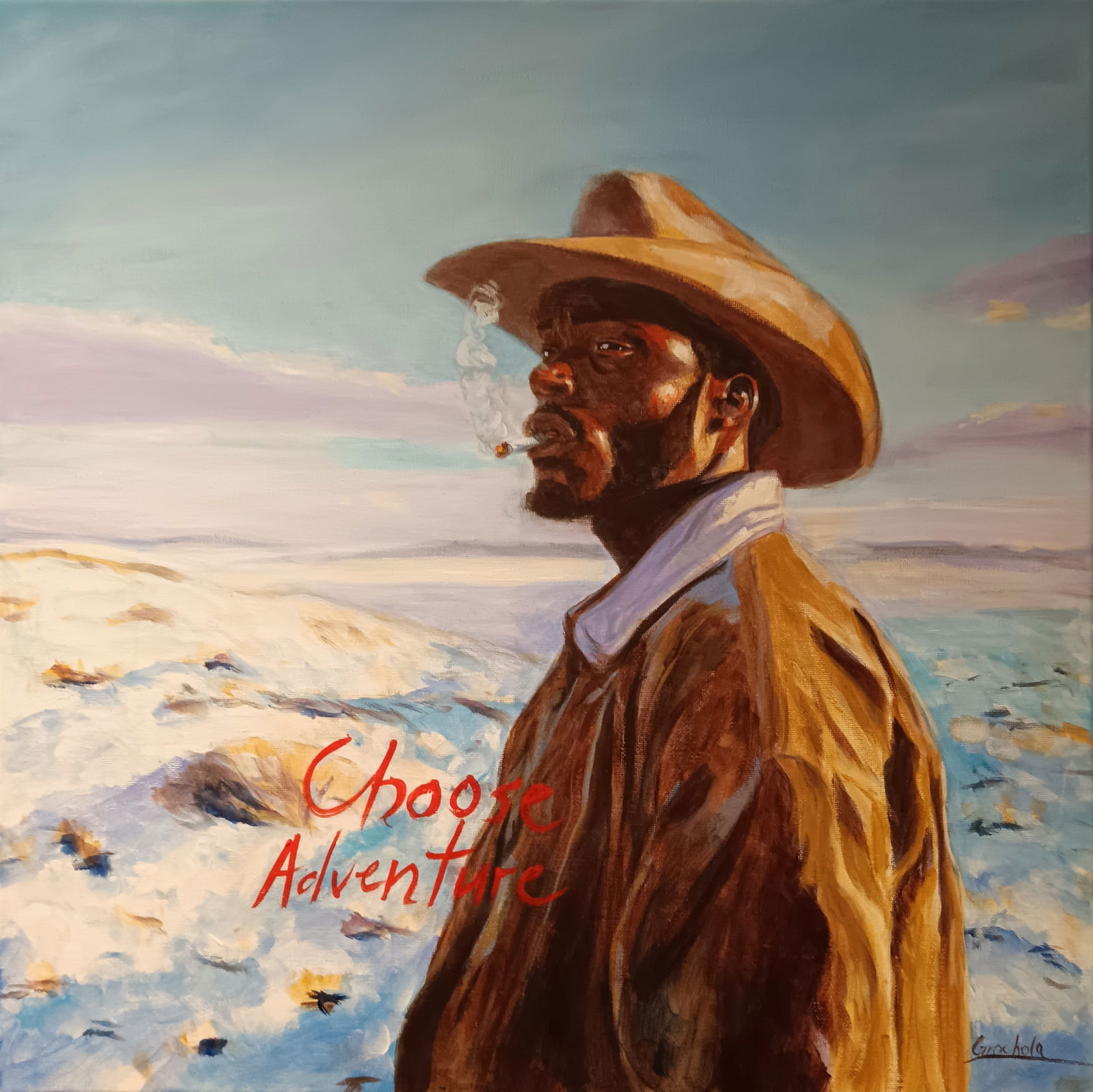 Choose Adventure By Marcin Grochola Acrylic on canvas 2025 Signed: SHIPS FROM London, UK Acrylic painting depicting a western man, smoking a cigarette in a winter landscape. Encouragment for going out and seeking something exciting, connecting with nature and outside