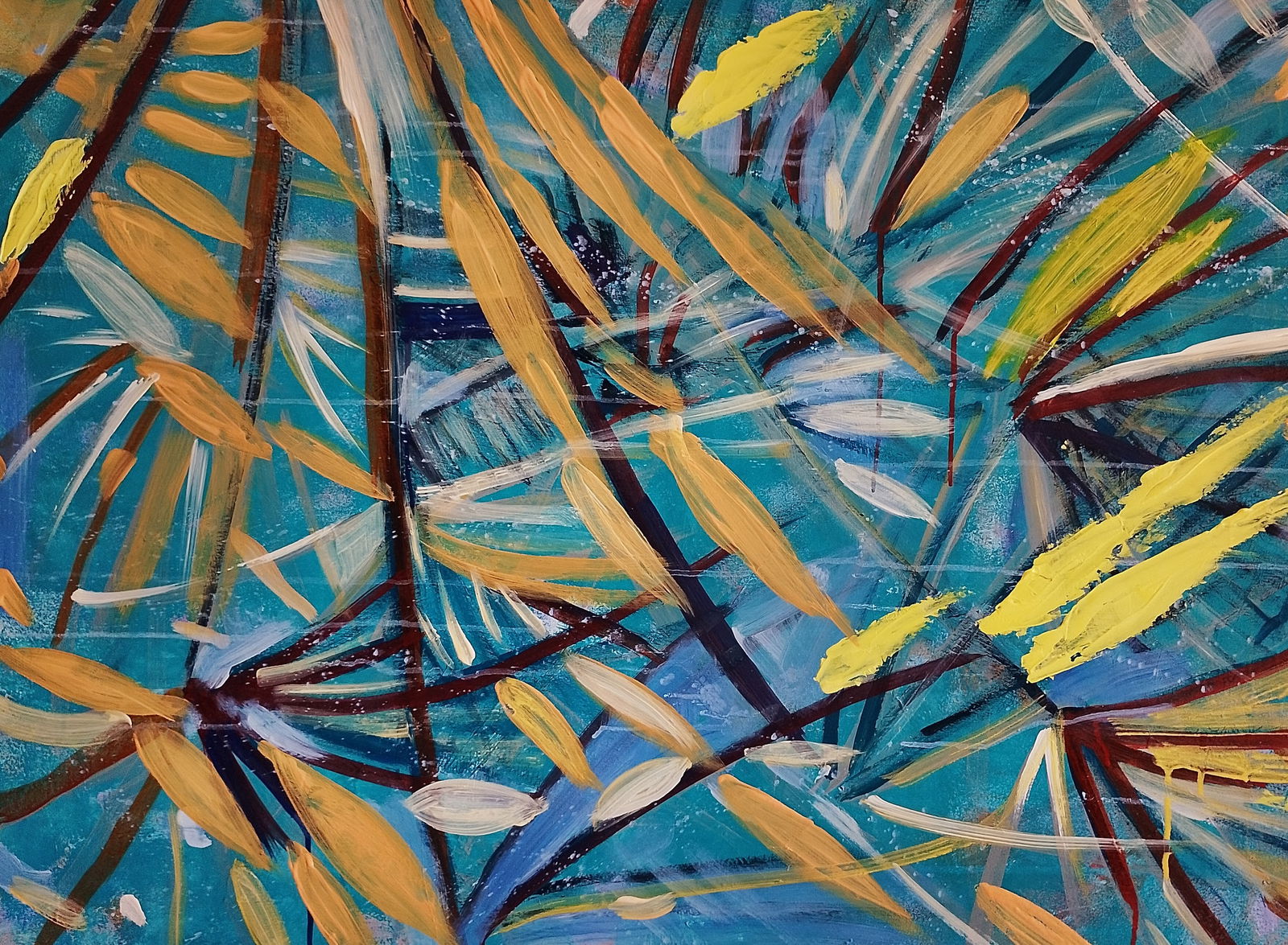 Tropical harmony By Francesca Tesoriere Acrylics and pencils 2025 Signed: SHIPS FROM Palermo "Tropical harmony" reveals a vibrant tapestry of colors and forms, where abstract branches stretch across a rich turquoise backdrop. The energetic brushwork conveys a sense of vital