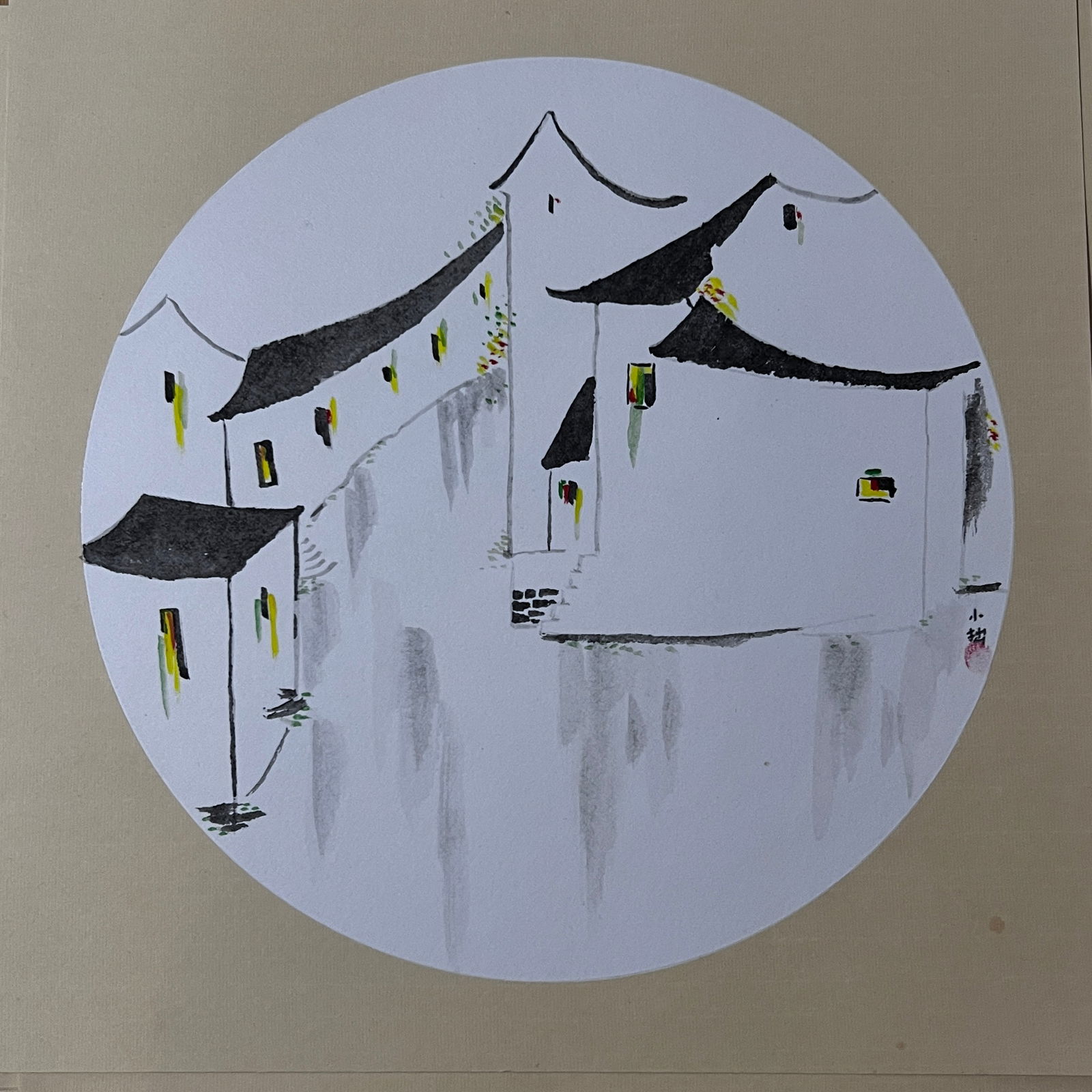Watertown By junxin Cai ink painting on paper 2025 Signed: SHIPS FROM UK The composition presents a traditional Chinese water town with Hui-style architecture, articulated through a refined and understated aesthetic rooted in classical Chinese artistic tradit