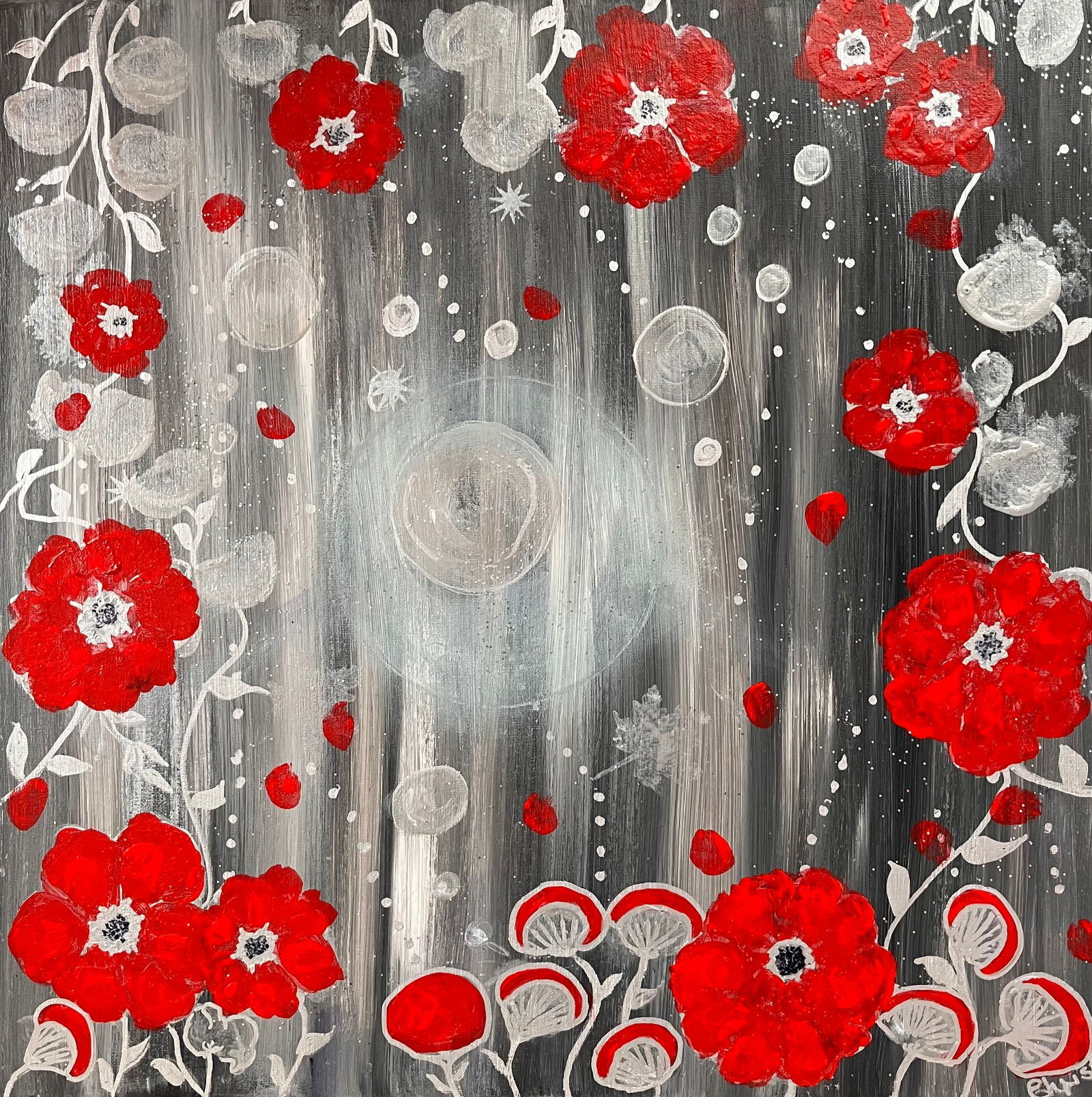 SILVERY MOON. By Christie Acrylic on canvas 2015 Signed: SHIPS FROM Surrey UK I’ve used hot red poppies and toadstool to contrast against a backcloth of silver shapes Freestyle Pop Art. See previous