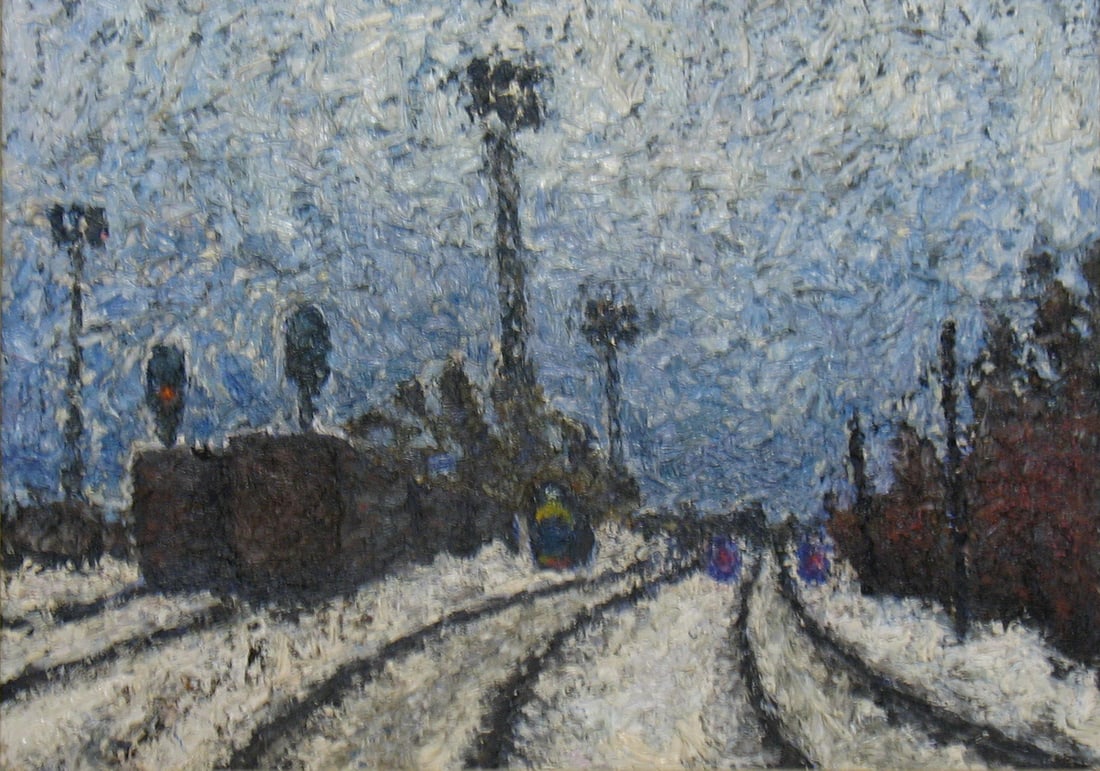 Railway in Sviblovo. By Arkady Paransky Cardboard. Oil. 1983 Unsigned: SHIPS FROM Bulgaria Railway in Sviblovo. 1983. Cardboard. Oil. 50x70 cm. Born in Moscow, Russia, in 1951.Arkady changed schools during his obligatory education years and studied in three secondary sch
