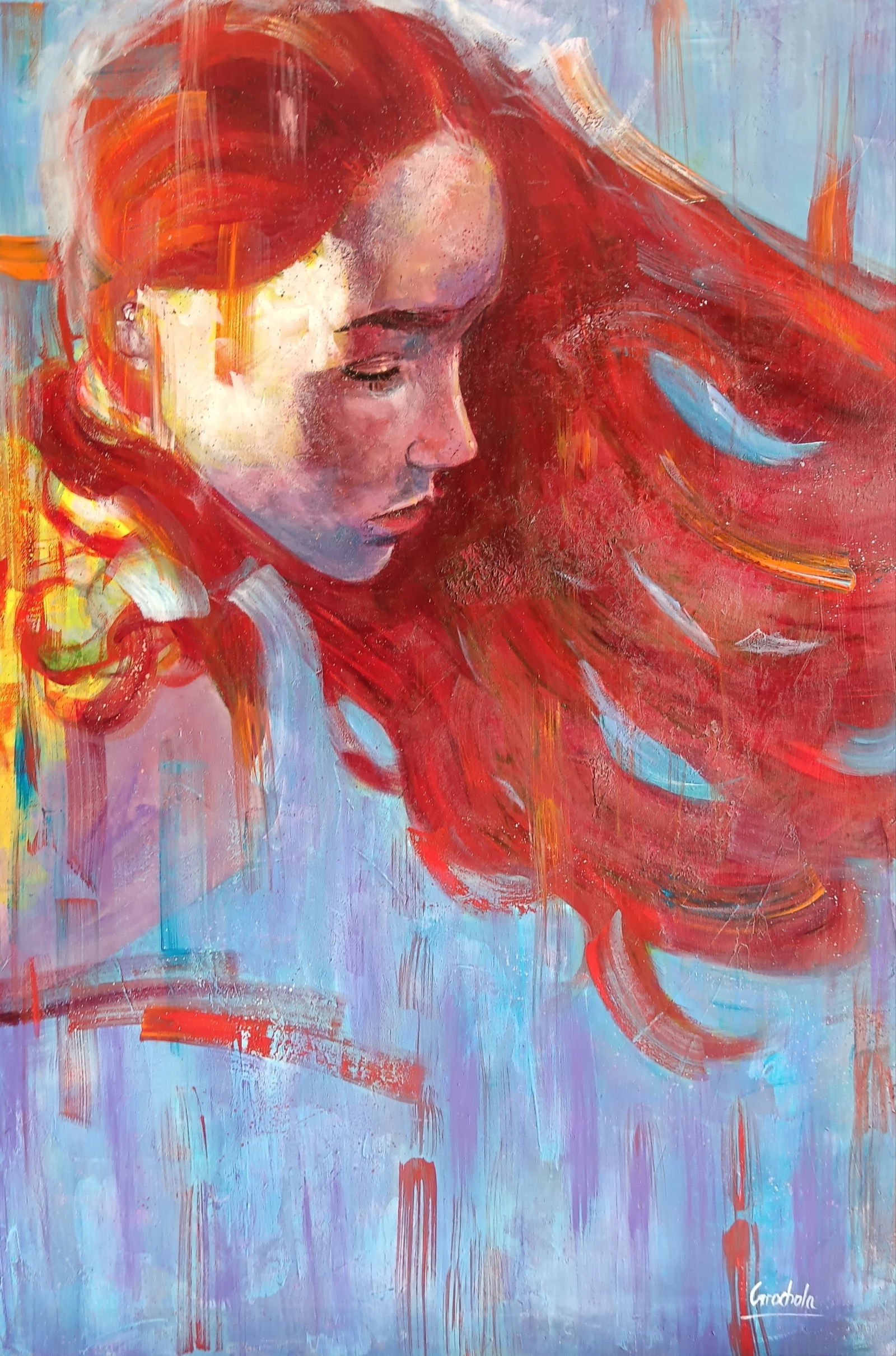 Lost in thoughts By Marcin Grochola Acrylic on canvas 2024 Signed: SHIPS FROM London, UK Acrylic painting depicting a young girl with red hair. Some texture on painting accompanied with adventurous brush strokes and vibrant colours make it a piece that will brighten