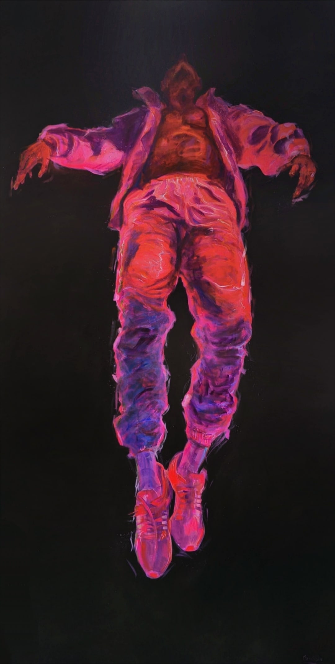 Caught in the glitch By Marcin Grochola Acrylic on canvas 2025 Signed: SHIPS FROM London, UK Figure of a man suspended mid air in void. Strong contrast between black background and neon like vibrant colours of portrayed subject make this statement piece the center of eve