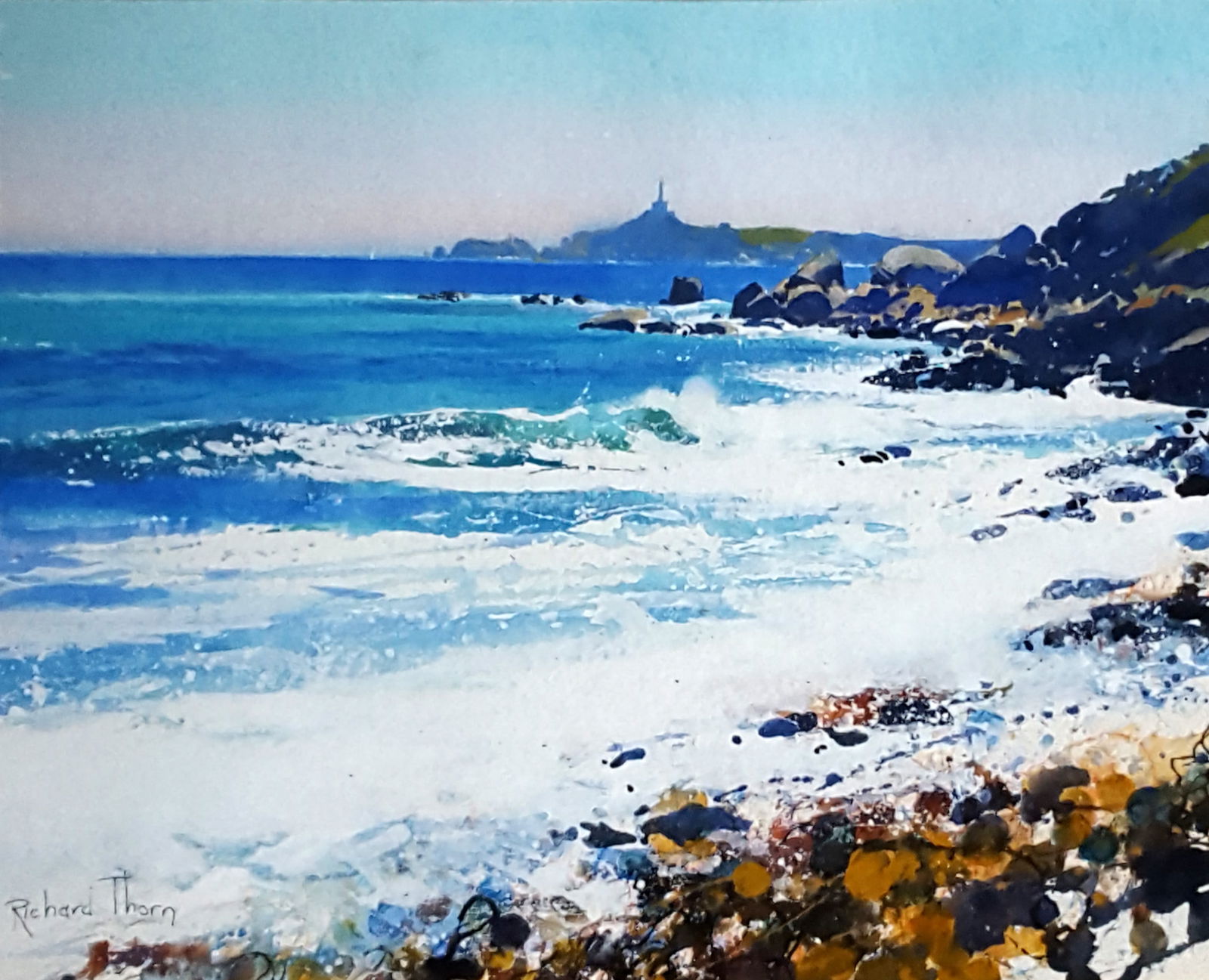 Sardinia surf By Richard Thorn R.I. Watercolour 2024 Signed: SHIPS FROM devon Scene of beach in Sardinia with incoming surf Richard Thorn SWAc R.I.Born in Torquay, England 1952, Richard’s art began with drawing. His love of the countryside and the sea drew hi