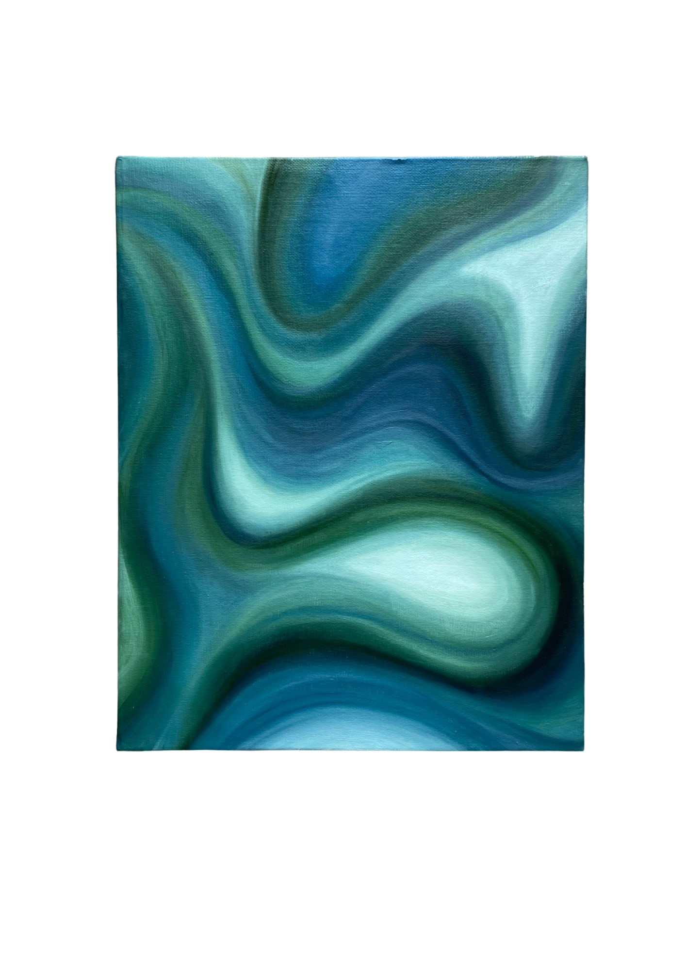 The quiet drift within By Malena Chavez Oil 2025 Signed: SHIPS FROM Lima, Peru The green and blue waves of this oil painting seem to breathe emotions that cannot find form in words. Within its curves lies a gentle nostalgia, like the memory of a safe place