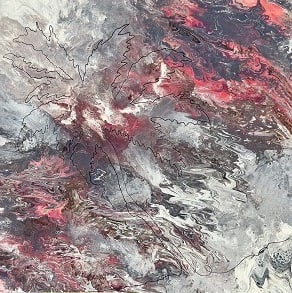 Eruption of Grace By Lydia Watson, Watsart LLC Painting 2025 Signed: SHIPS FROM USA Abstract: Fluid acrylic pain with line drawing. Eruption of Grace explores the tension between chaos and divine beauty. Fluid layers of crimson, silver, and charcoal collide to form an