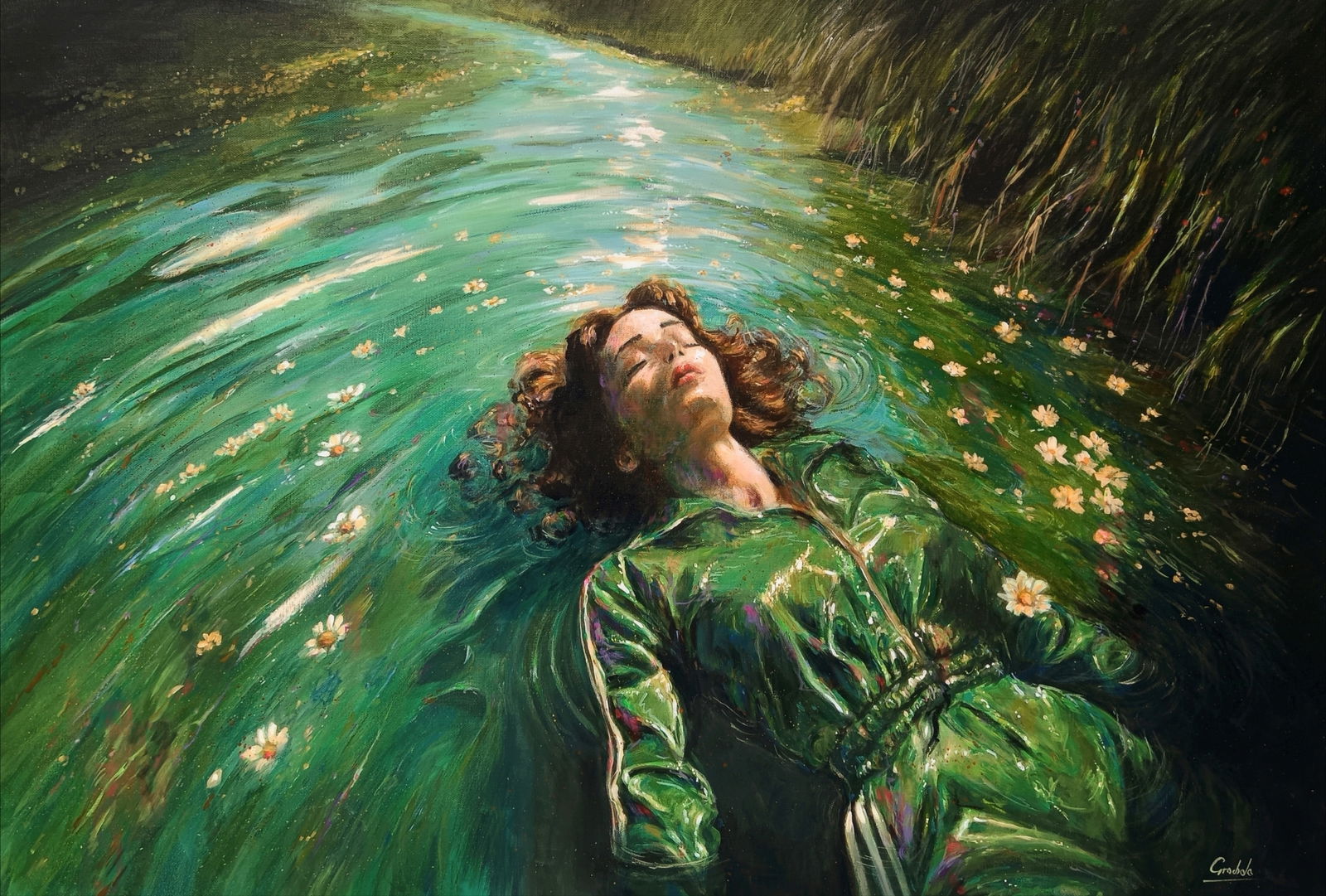 Ophelia By Marcin Grochola Acrylic on canvas 2025 Signed: SHIPS FROM London, UK Acrylic painting depicting a young woman wearing a green tracksuit, floating in a river. A modern take on Shakespearean tragedy. Marcin Grochola is a Polish born figurative artis