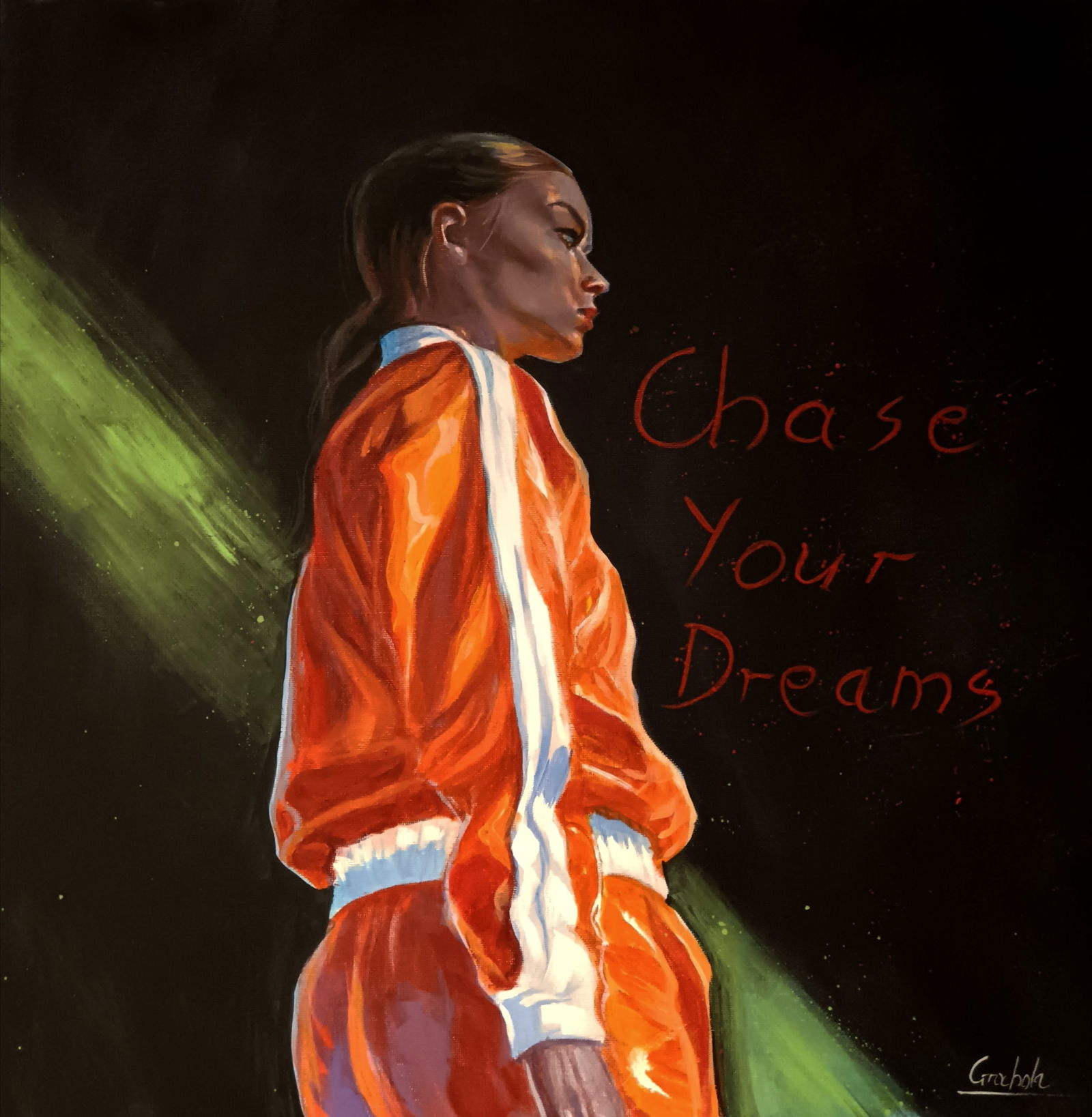 Chase Your Dreams By Marcin Grochola Acrylic on canvas 2025 Signed: SHIPS FROM London, UK Acrylic painting depicting a young woman wearing an orange tracksuit and looking into the future. Motivational piece heartening us to follow our dreams and never giving up. Marci