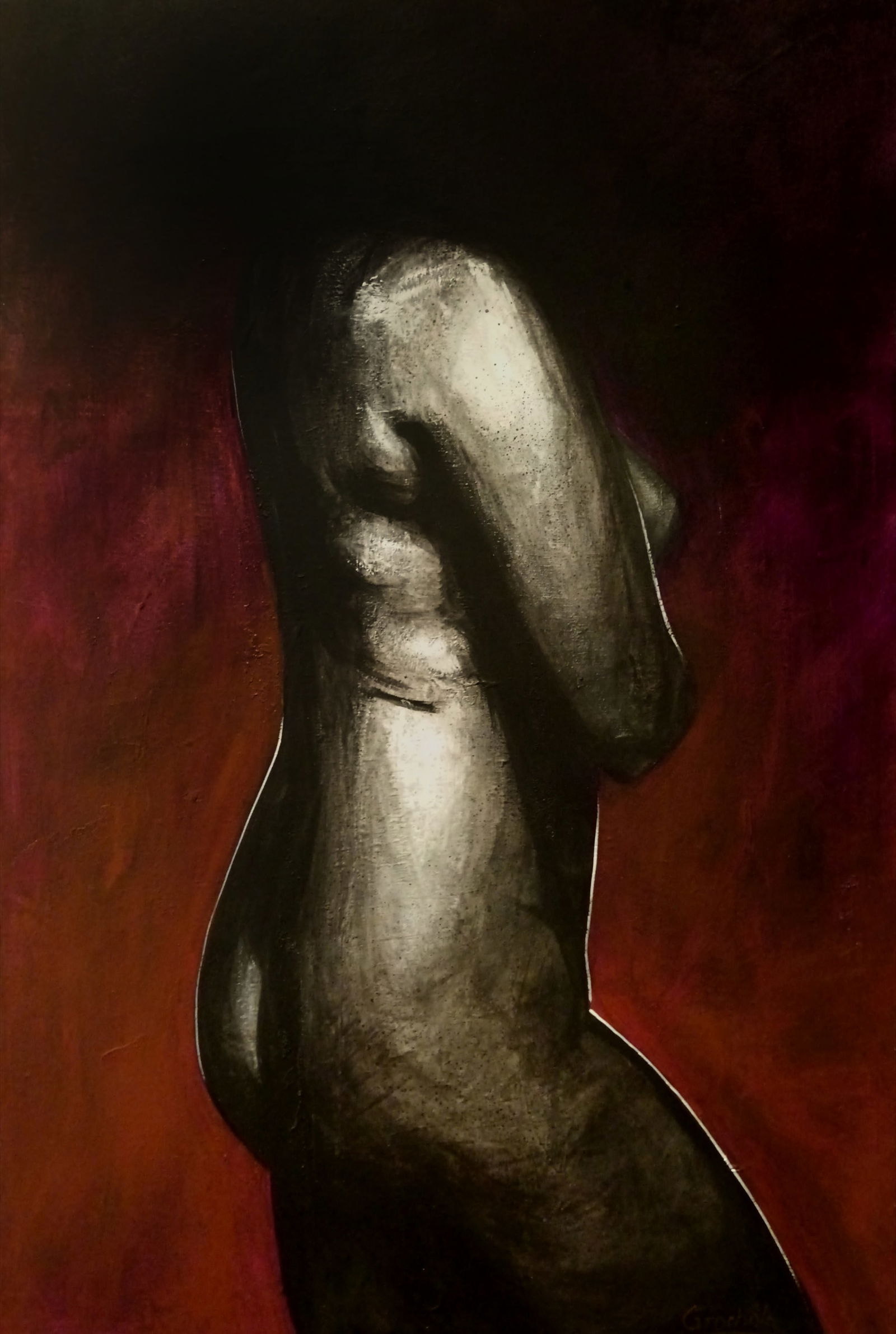 Mystery By Marcin Grochola Acrylic on canvas 2025 Signed: SHIPS FROM London, UK Acrylic painting depicting a nude woman discreetly hidden in a deep shade. Very moody and dark artwork encouraging us to unravel the mystery of identity of portrayed person. Marc