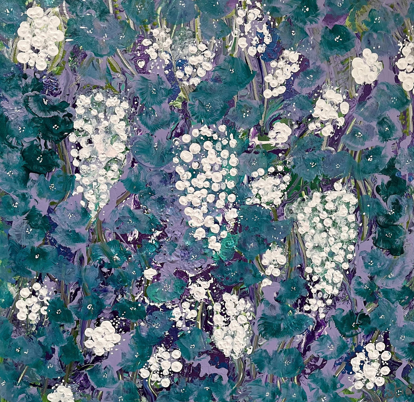WISTERIA By Christie Acrylic on canvas 2025 Signed: SHIPS FROM SURREY UK An artwork in the Impressionist style using bold brushstrokes, creating white Wisteria against a backcloth of vibrant colours. See previous