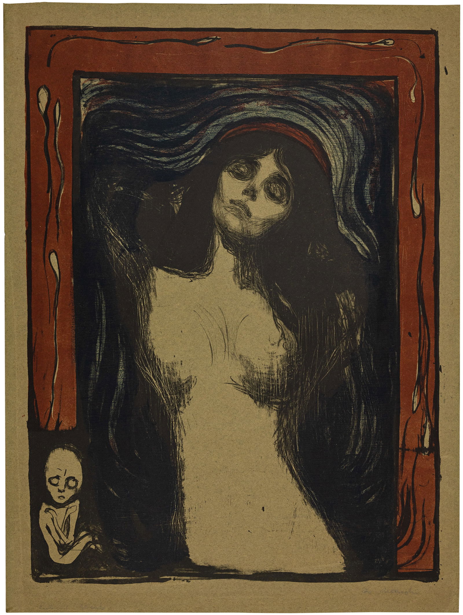 Edvard Munch (Löiten 1863 - 1944 Oslo) Madonna – Liebendes Weib - Woman Making Love: Edvard Munch (Löiten 1863 - 1944 Oslo) Madonna – Liebendes Weib - Woman Making Love 1895-1902 Colour lithograph in black, rust red and blue on green wove paper 60.5x44.7 cm, image; 66x49.1 cm, shee