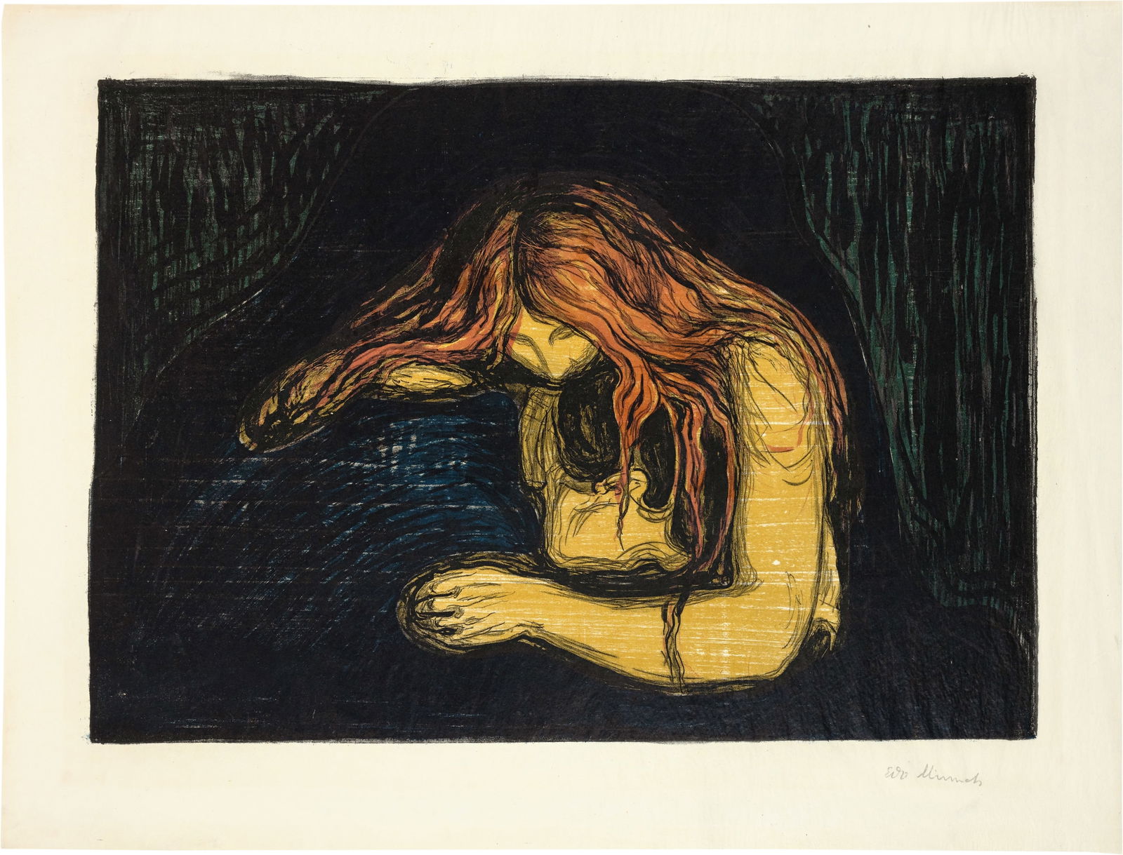 Edvard Munch (Löiten 1863 - 1944 Oslo) Vampyr II - Vampire II: Edvard Munch (Löiten 1863 - 1944 Oslo) Vampyr II - Vampire II 1895-1902 Colour lithograph and colour woodcut in black, rust red and woodcut in blue, green and yellow on thin Japanese paper 38.8x5